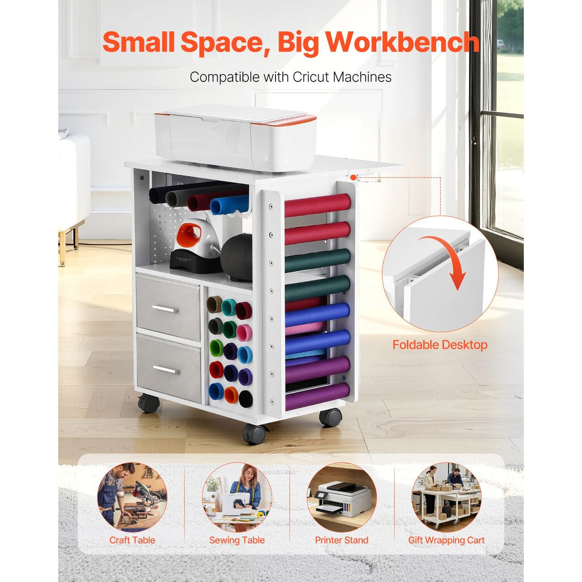 Rolling Craft Cart and Storage Table, Compatible with Cricut Machines, Crafting Table Organization Workstation with 2 USB Ports and Outlets, 15 Vinyl Roll Holders and 2 Drawers, for Craft Room