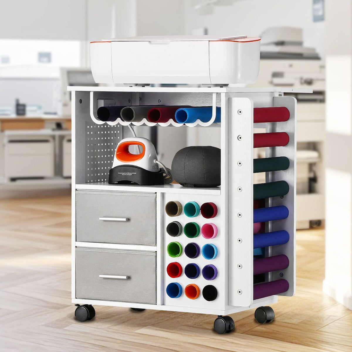 Rolling Craft Cart and Storage Table, Compatible with Cricut Machines, Crafting Table Organization Workstation with 2 USB Ports and Outlets, 15 Vinyl Roll Holders and 2 Drawers, for Craft Room