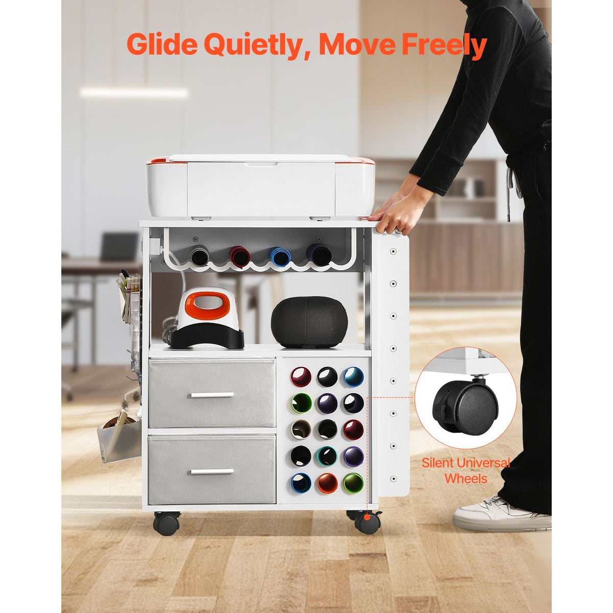 Rolling Craft Cart and Storage Table, Compatible with Cricut Machines, Crafting Table Organization Workstation with 2 USB Ports and Outlets, 15 Vinyl Roll Holders and 2 Drawers, for Craft Room