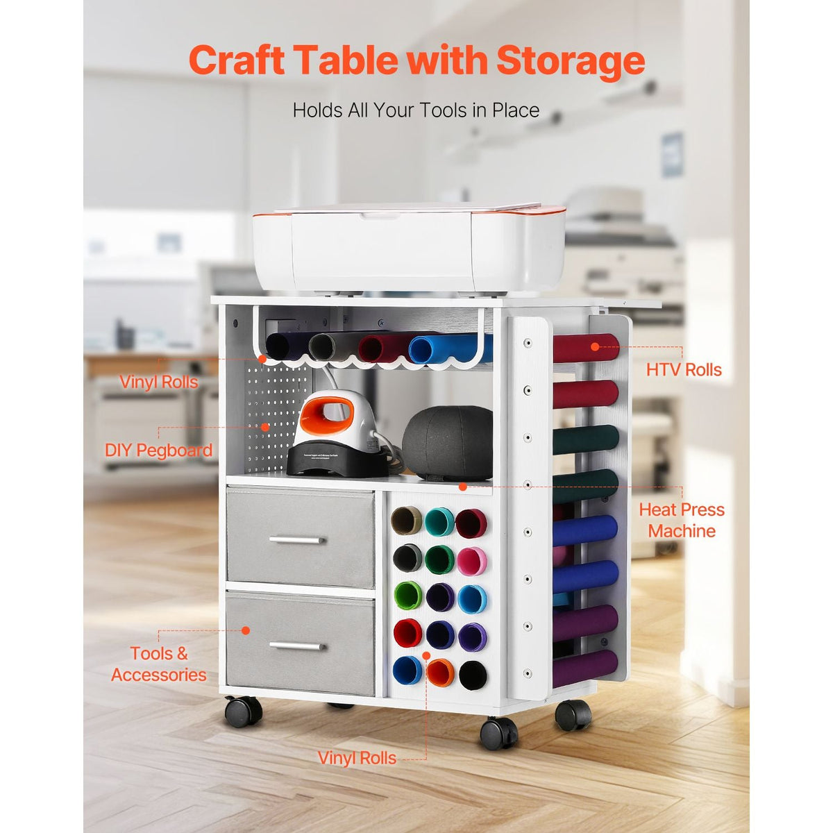 Rolling Craft Cart and Storage Table, Compatible with Cricut Machines, Crafting Table Organization Workstation with 2 USB Ports and Outlets, 15 Vinyl Roll Holders and 2 Drawers, for Craft Room