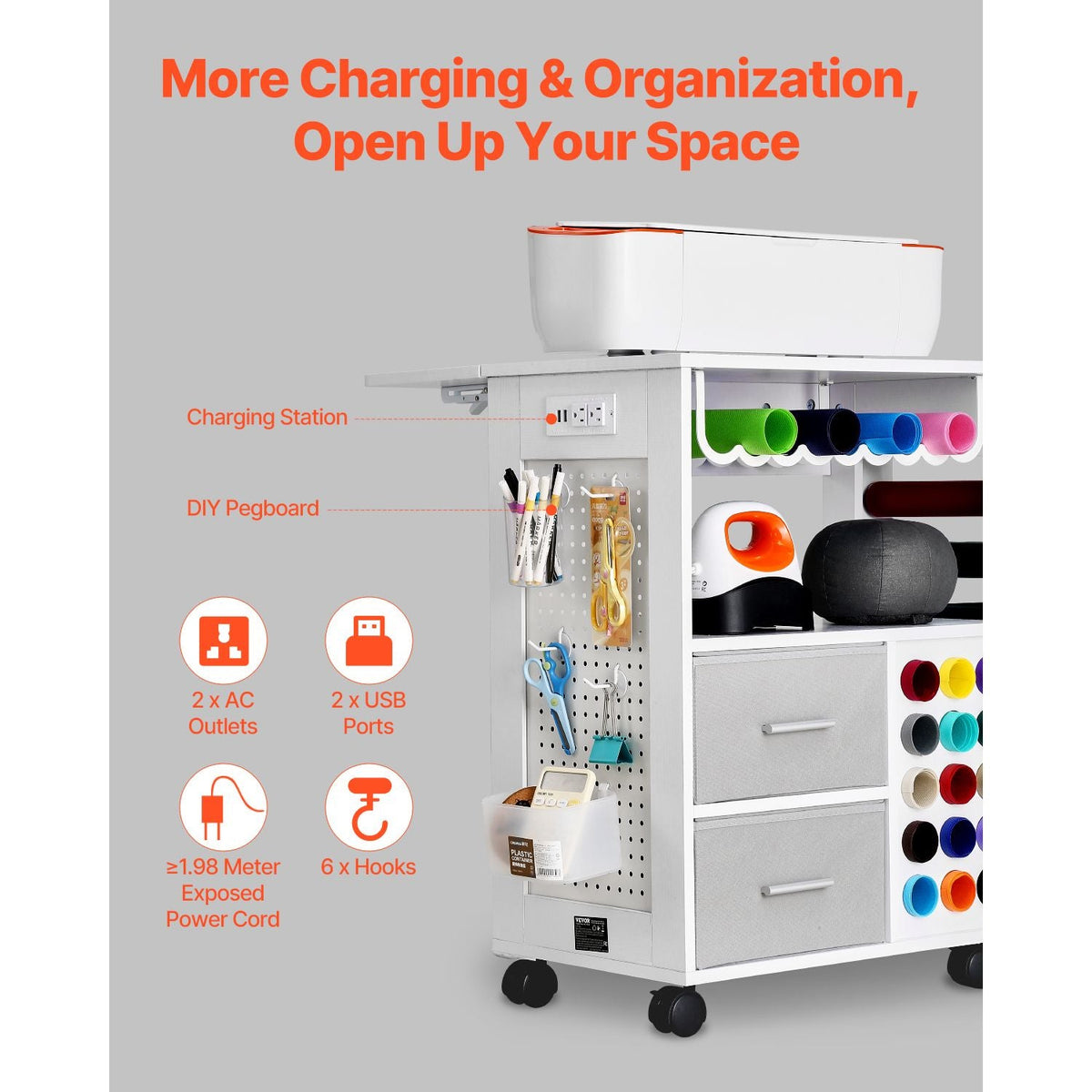 Rolling Craft Cart and Storage Table, Compatible with Cricut Machines, Crafting Table Organization Workstation with 2 USB Ports and Outlets, 15 Vinyl Roll Holders and 2 Drawers, for Craft Room