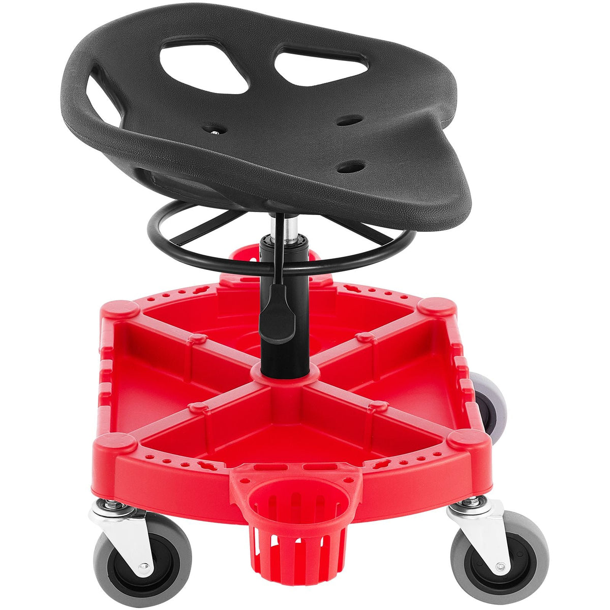 Rolling Garage Stool, 300LBS Capacity, Adjustable Height from 18 in to 23 in, 360-degree Swivel Wheels (4\"), Large Tool Tray with Two Bottle Holder, for Workshop, Auto Repair Shop, Red