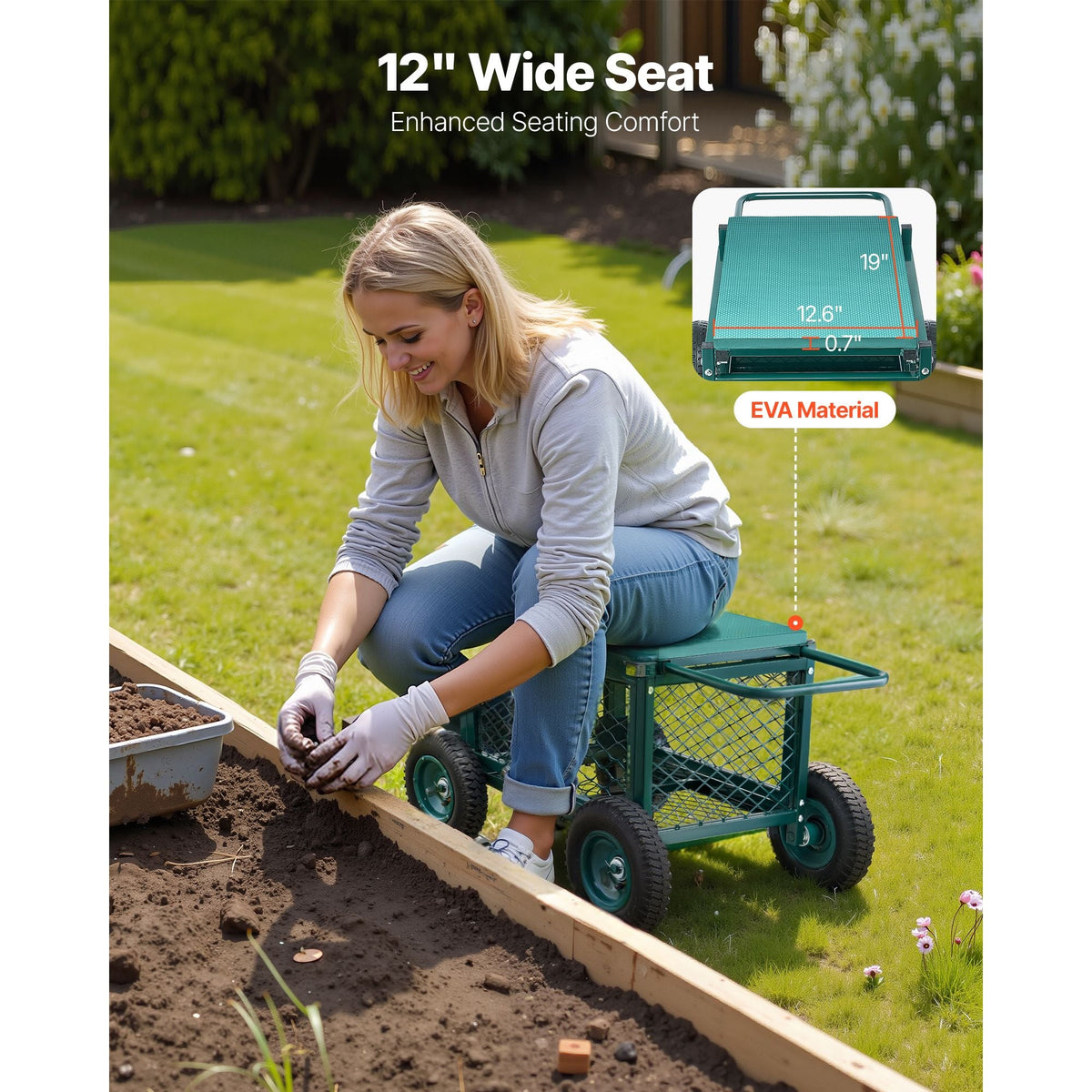 Rolling Garden Cart with Seat, Metal Rolling Garden Work Seat with Wheels, Supports up to 400 LBS, Heavy Duty Gardening Cart Scooter, Outdoor Wagon & Stool on Wheels for Lawn, Patio, Backyard
