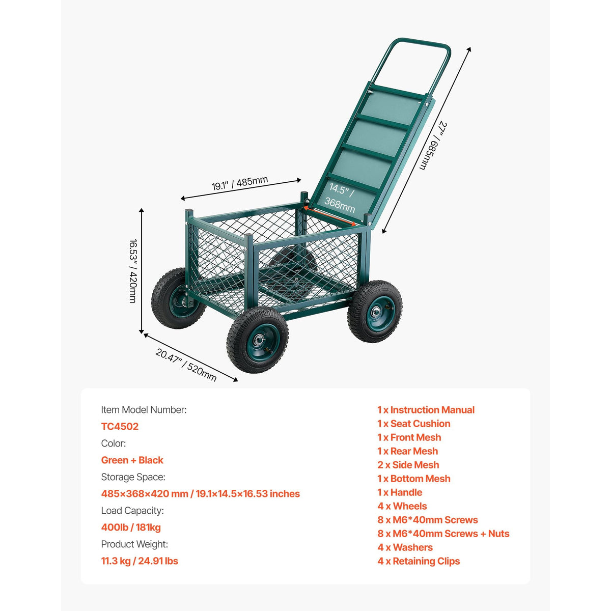 Rolling Garden Cart with Seat, Metal Rolling Garden Work Seat with Wheels, Supports up to 400 LBS, Heavy Duty Gardening Cart Scooter, Outdoor Wagon & Stool on Wheels for Lawn, Patio, Backyard