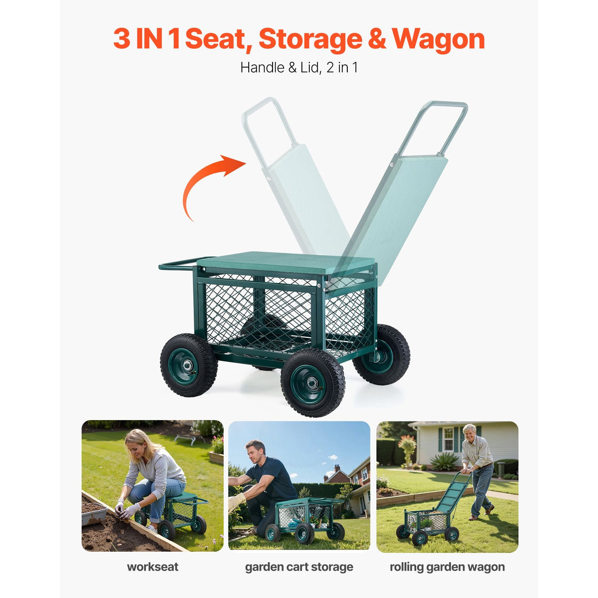 Rolling Garden Cart with Seat, Metal Rolling Garden Work Seat with Wheels, Supports up to 400 LBS, Heavy Duty Gardening Cart Scooter, Outdoor Wagon & Stool on Wheels for Lawn, Patio, Backyard