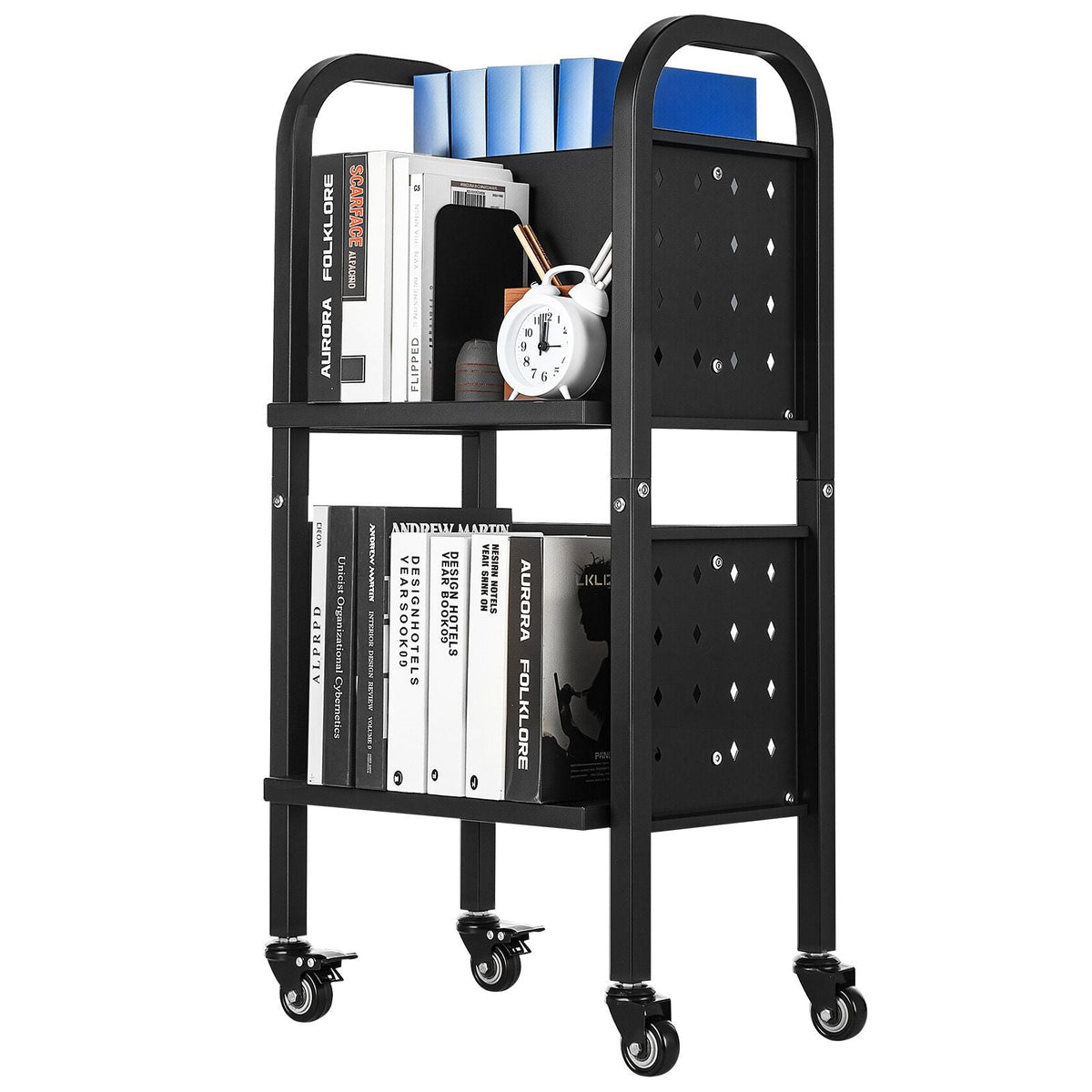 Rolling Library Book Cart, 150 lbs Capacity, 17.7 x 13.0 x 34.6-Inch Library Cart, Double Sided L-Shaped Shelves with 2-Inch Lockable Wheels, Book Truck for Home Shelves Office and School, Black