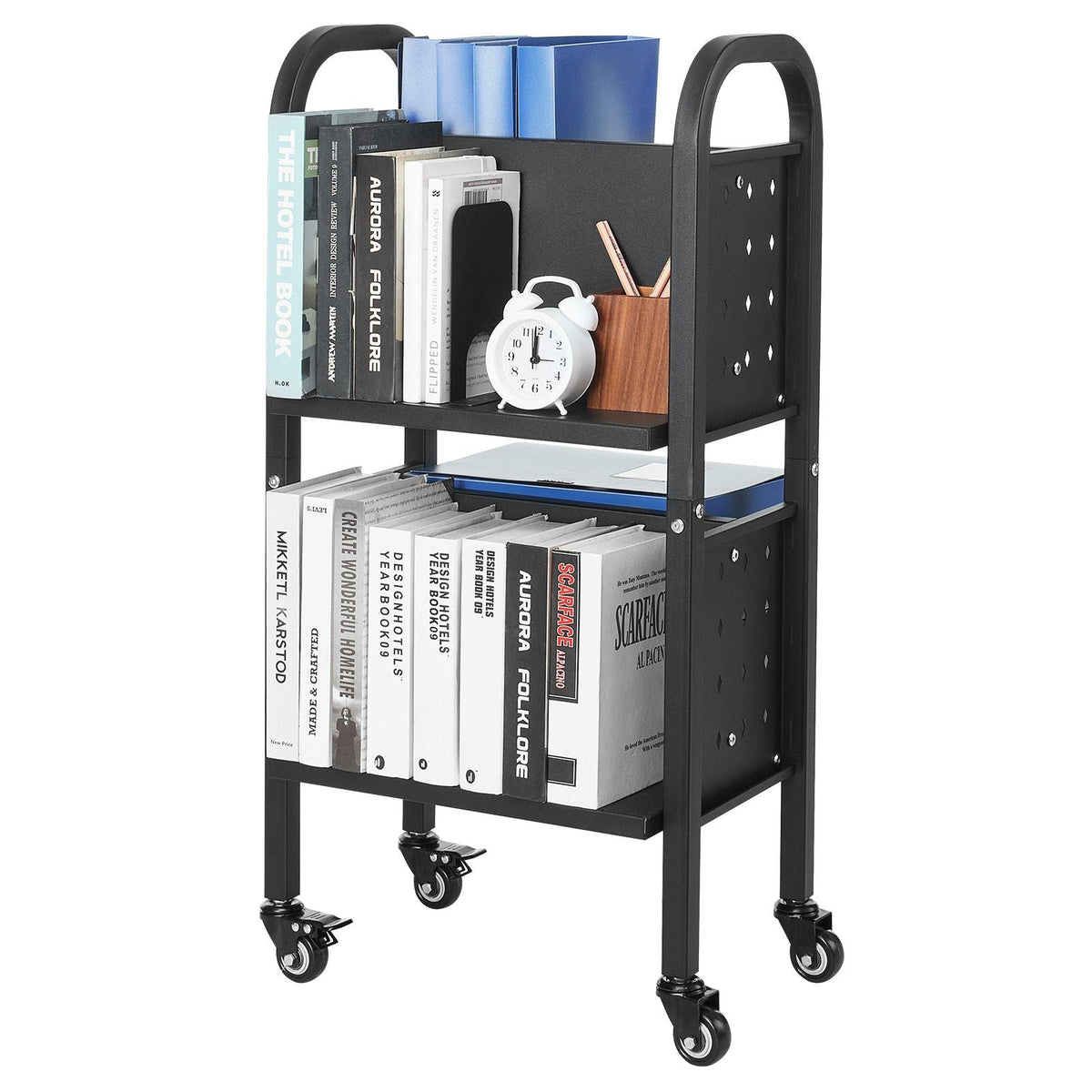 Rolling Library Book Cart, 150 lbs Capacity, 17.7 x 13.0 x 34.6-Inch Library Cart, Double Sided L-Shaped Shelves with 2-Inch Lockable Wheels, Book Truck for Home Shelves Office and School, Black