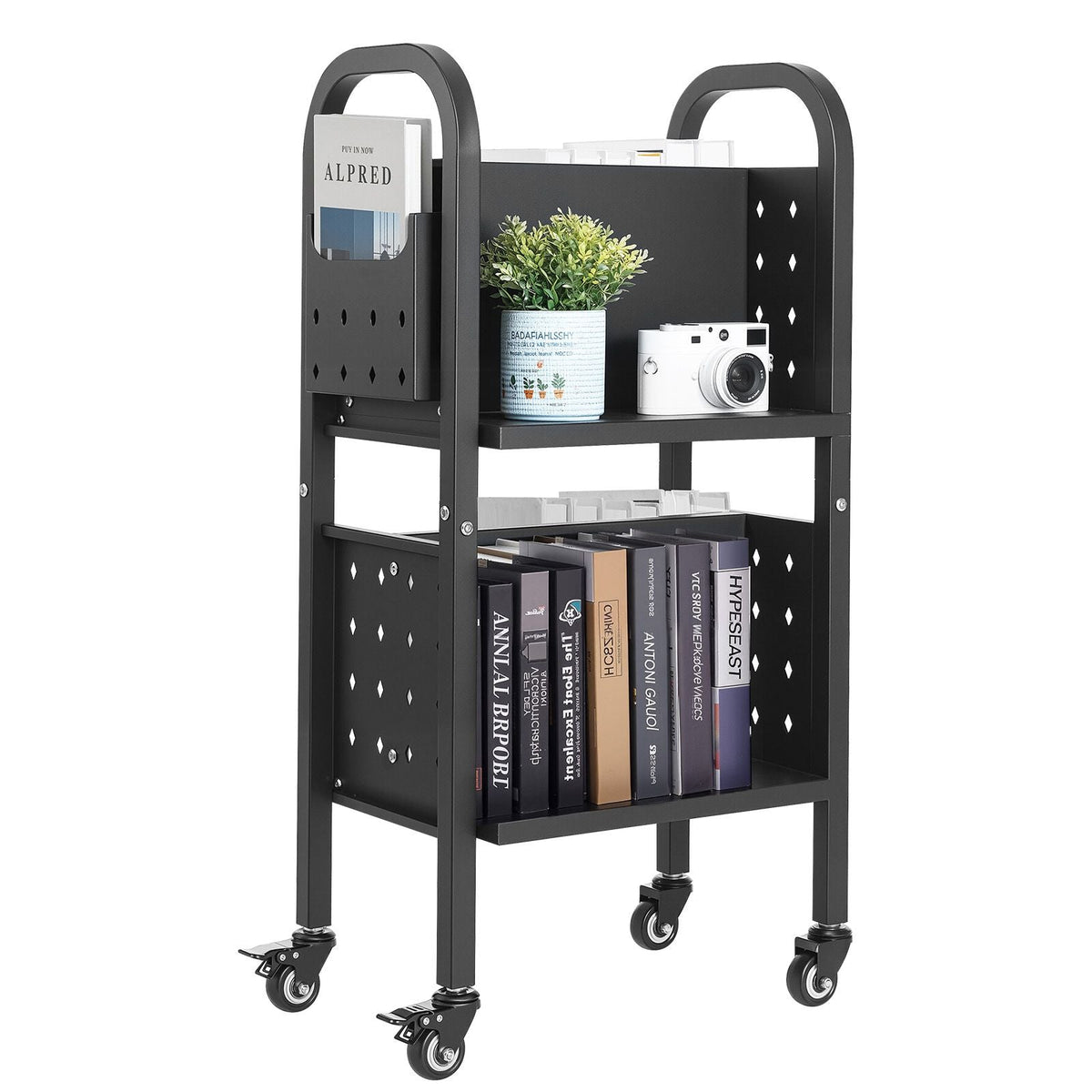 Rolling Library Book Cart, 150 lbs Capacity, 17.7 x 13.0 x 34.6-Inch Library Cart, Double Sided L-Shaped Shelves with 2-Inch Lockable Wheels, Book Truck for Home Shelves Office and School, Black