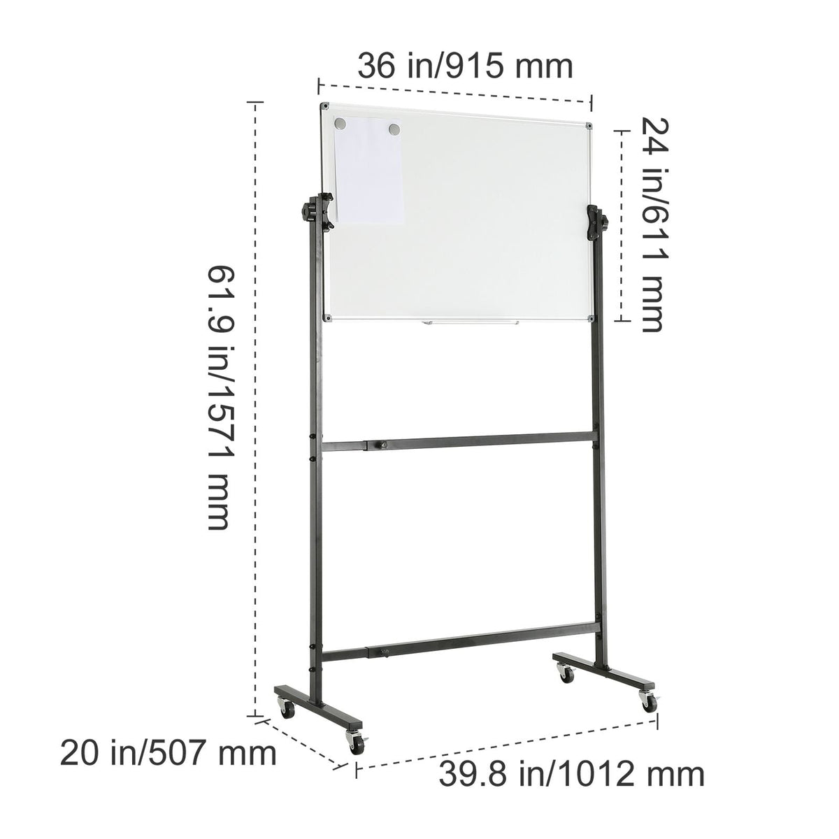 Rolling Magnetic Whiteboard, Double-sided Mobile Whiteboard 36x24 Inches, Adjustable Height Dry Erase Board with Wheels, 1 Magnetic Erase & 3 Dry Erase Markers & Movable Tray Office, School