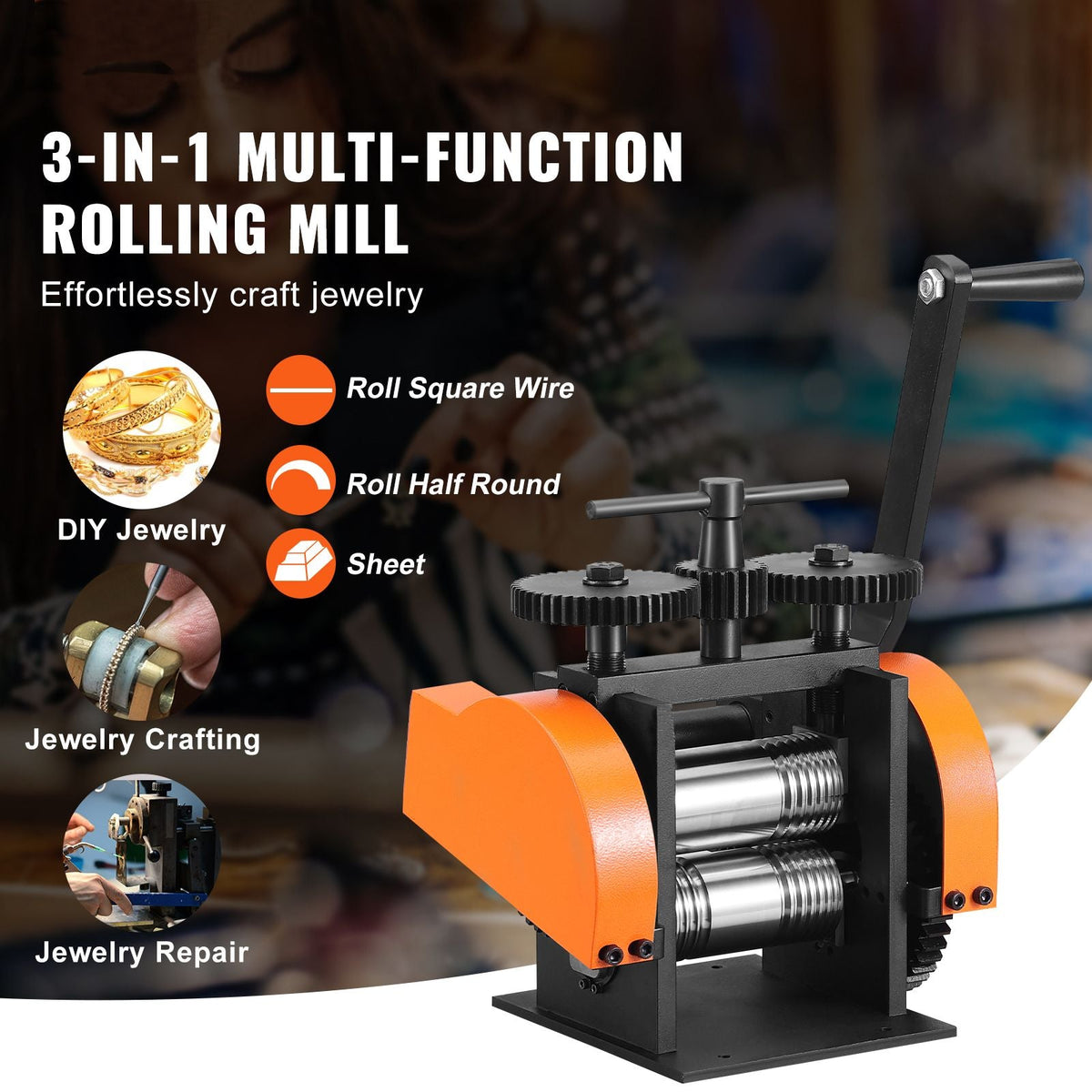 Rolling Mill, 1.77"/45 mm Jewelry Rolling Mill Machine, 1: 2.4 Gear Ratio, 3-in-1 Multi-function Rolling Mill, 0-6 mm Press Thickness for Metal Jewelry Making Sheet Square Wire Semicircle