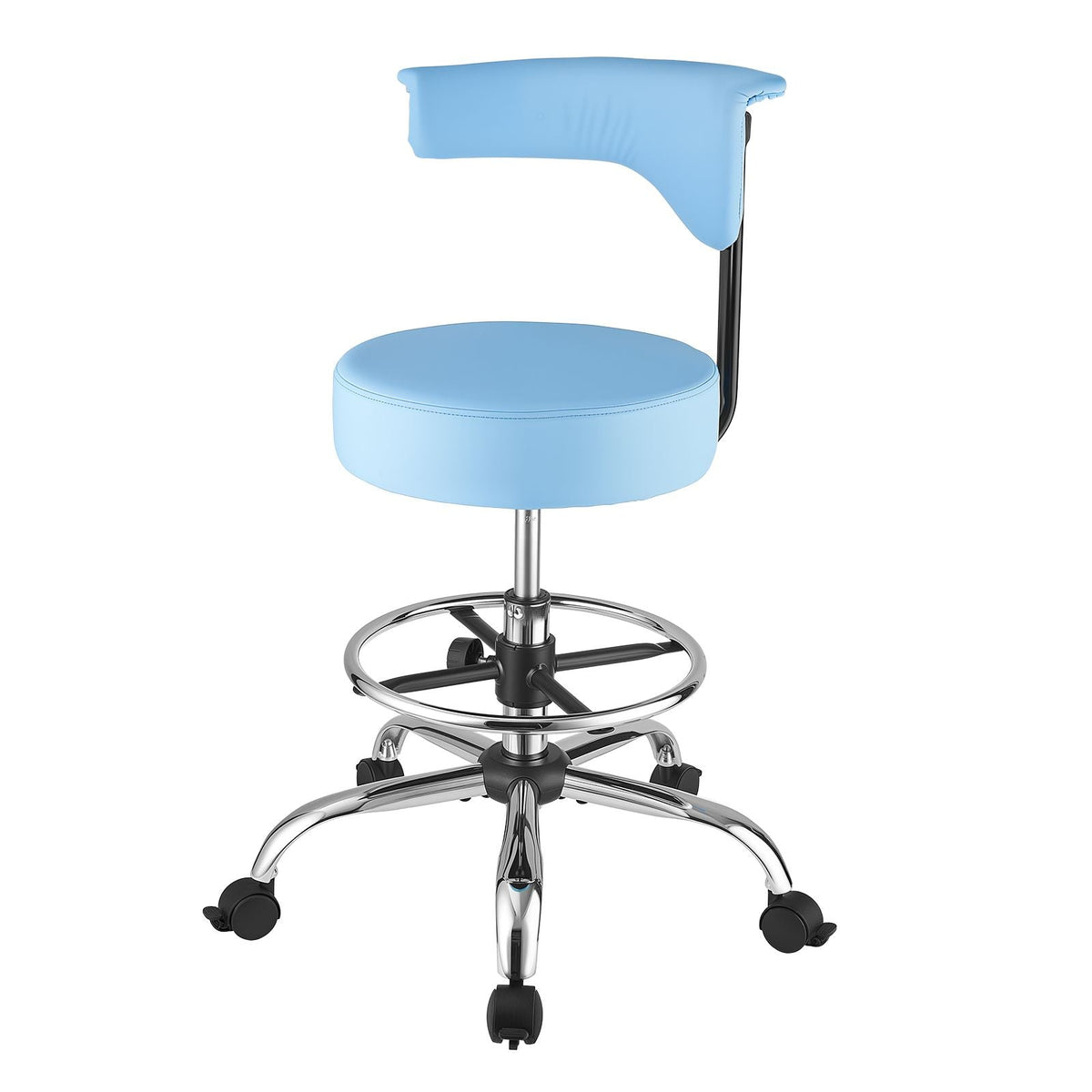 Rolling Stool with Back Support, 500 lbs Weight Capacity, Height Adjustable, Thick Cushion Ergonomic PU Leather Seat, 360° Swivel Round Rolling Stool Chair for Dental, Salon, Clinic, Blue