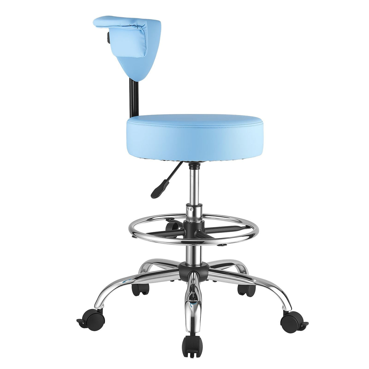 Rolling Stool with Back Support, 500 lbs Weight Capacity, Height Adjustable, Thick Cushion Ergonomic PU Leather Seat, 360° Swivel Round Rolling Stool Chair for Dental, Salon, Clinic, Blue