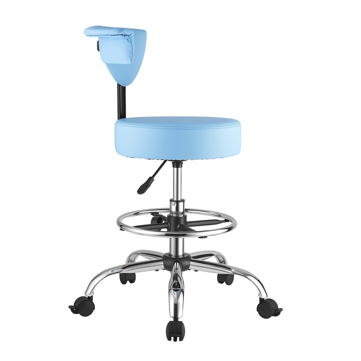 Rolling Stool with Back Support, 500 lbs Weight Capacity, Height Adjustable, Thick Cushion Ergonomic PU Leather Seat, 360° Swivel Round Rolling Stool Chair for Dental, Salon, Clinic, Blue