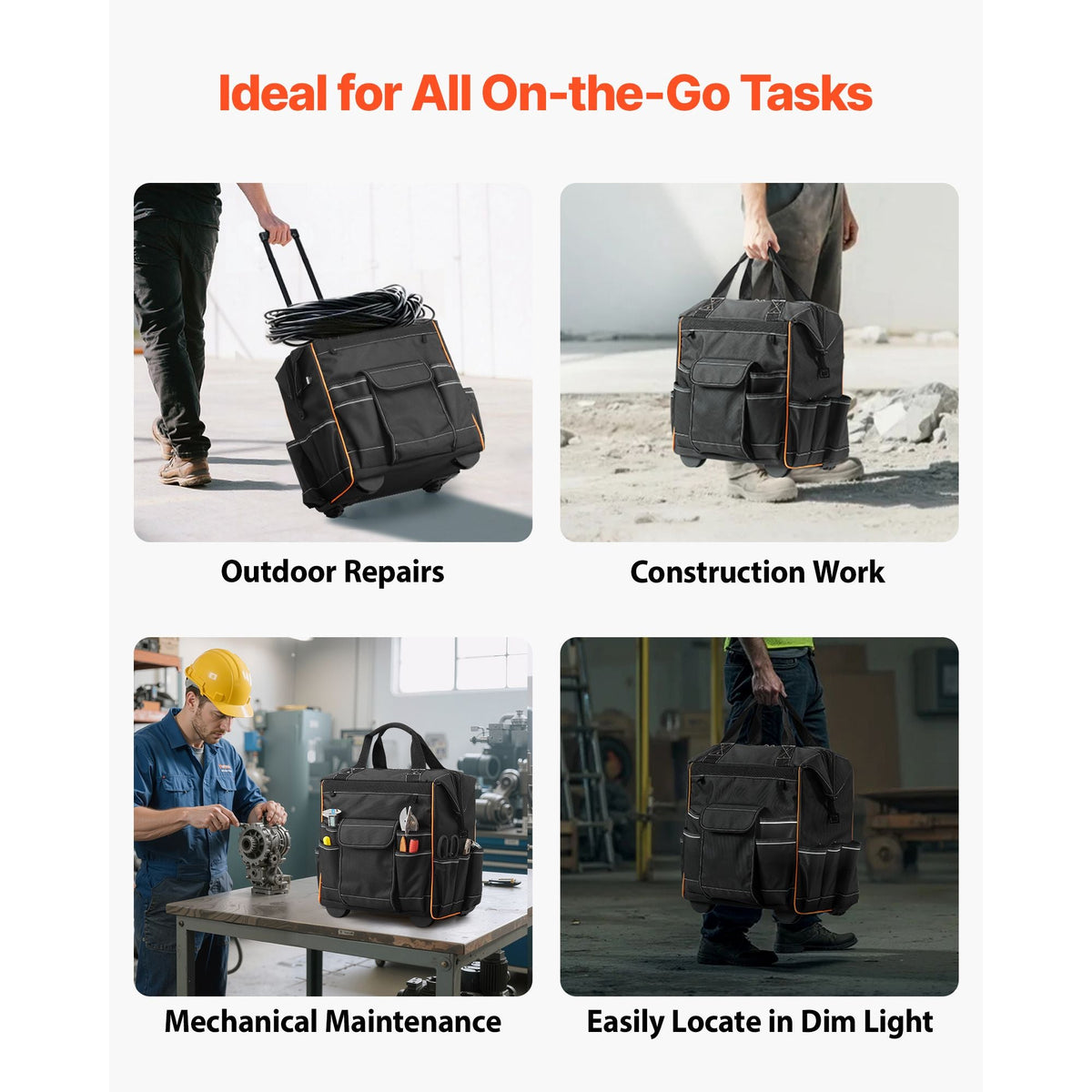 Rolling Tool Bag, 110 lbs Load Capacity, 25 Pockets Heavy Duty Roller Tool Bag on Wheels, Adjustable Telescoping Handle & Stable Base, Toolbag Organizers with Wheels for Construction, Mechanic