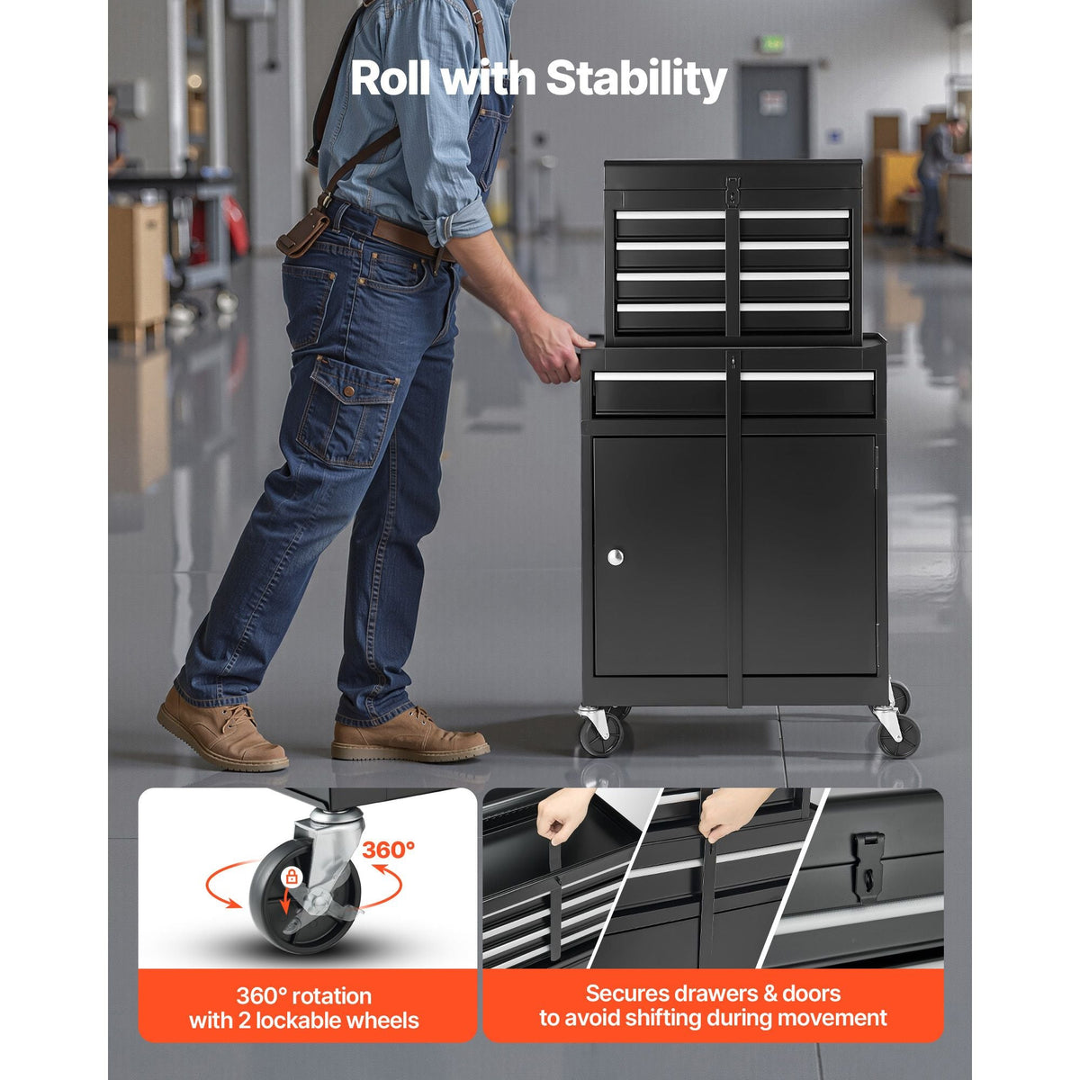 Rolling Tool Chest, 2-in-1 Design, 5 Drawers Tool Cabinet Organizer with Detachable Top Metal Toolbox, Lock Bar, Protective Liner, and Tools Rack, Garage Storage Cabinet for Warehouse, Workshop