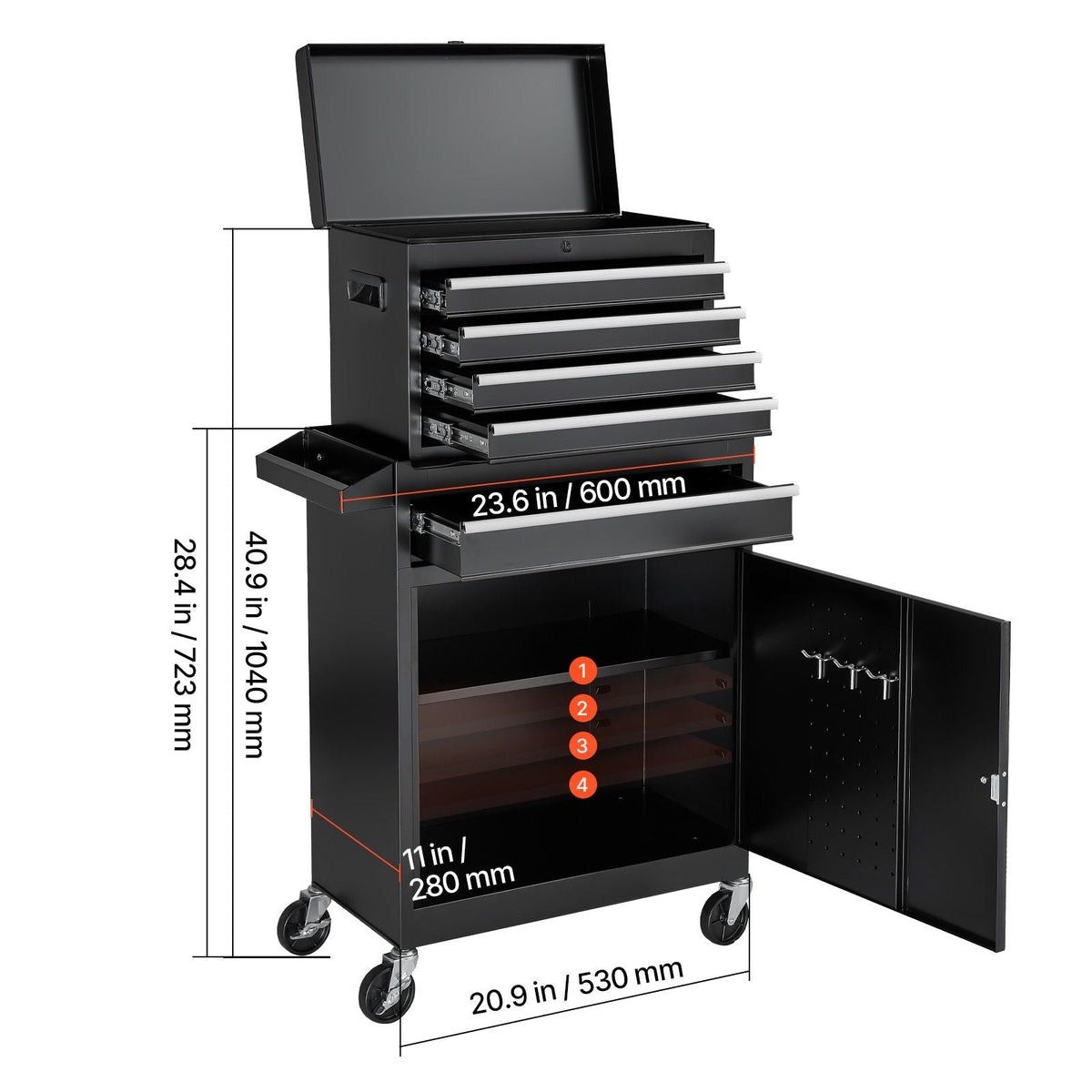 Rolling Tool Chest, 2-in-1 Design, 5 Drawers Tool Cabinet Organizer with Detachable Top Metal Toolbox, Lock Bar, Protective Liner, and Tools Rack, Garage Storage Cabinet for Warehouse, Workshop