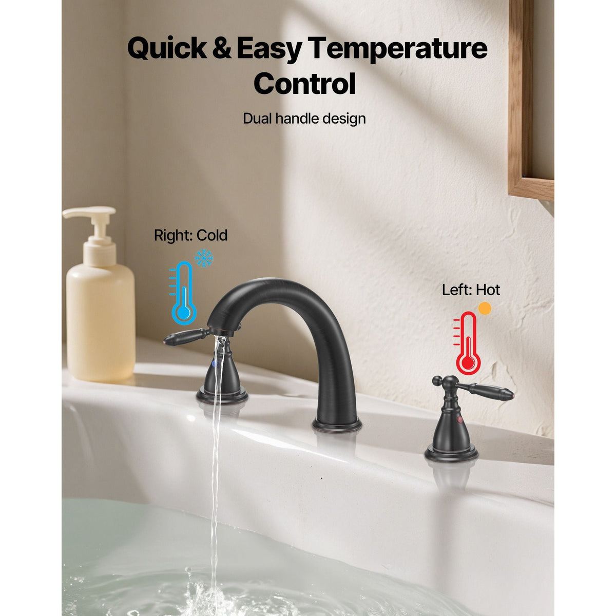Roman Tub Faucet, 3 Hole Waterfall Bathtub Faucet, Gooseneck Bath Tubs Faucets Set with 2 Handles, Roman Tub Faucets Deck Mount for Pet Washing, Adult Bathing, Bronze, Temperature Control