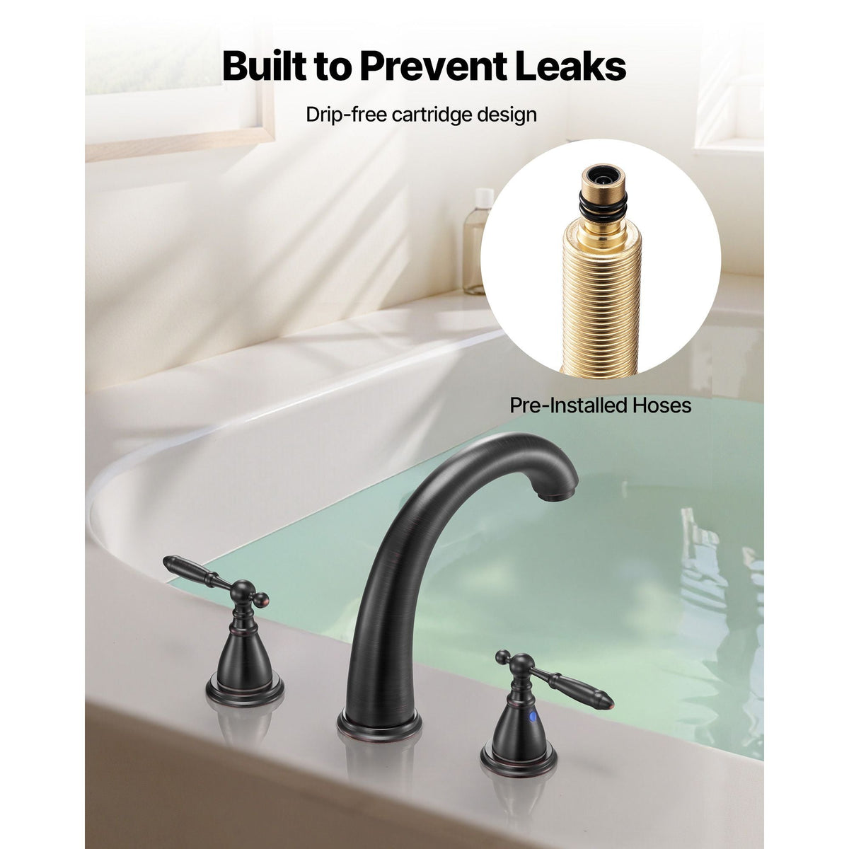 Roman Tub Faucet, 3 Hole Waterfall Bathtub Faucet, Gooseneck Bath Tubs Faucets Set with 2 Handles, Roman Tub Faucets Deck Mount for Pet Washing, Adult Bathing, Bronze, Temperature Control