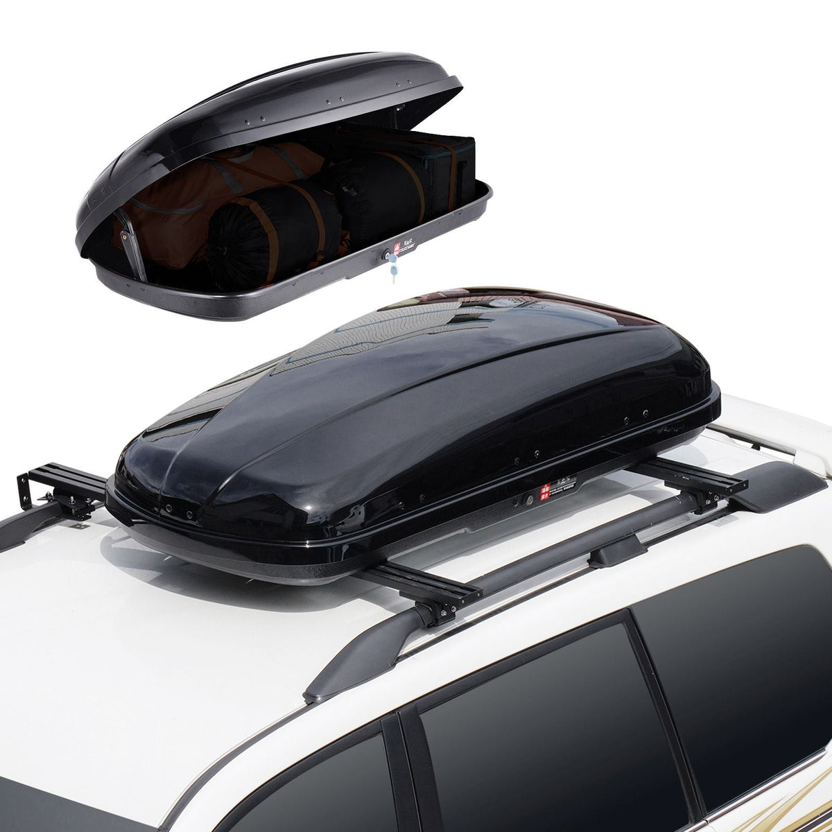 Rooftop Cargo Carrier, 8 Cubic Feet Roof Cargo Box, ABS Hard Shell Roof Box, with Dual-Sided Opening and 2 Reinforced Straps, Aerodynamic, Suitable for most Crossbar, for Car, Wagon, SUV, Black