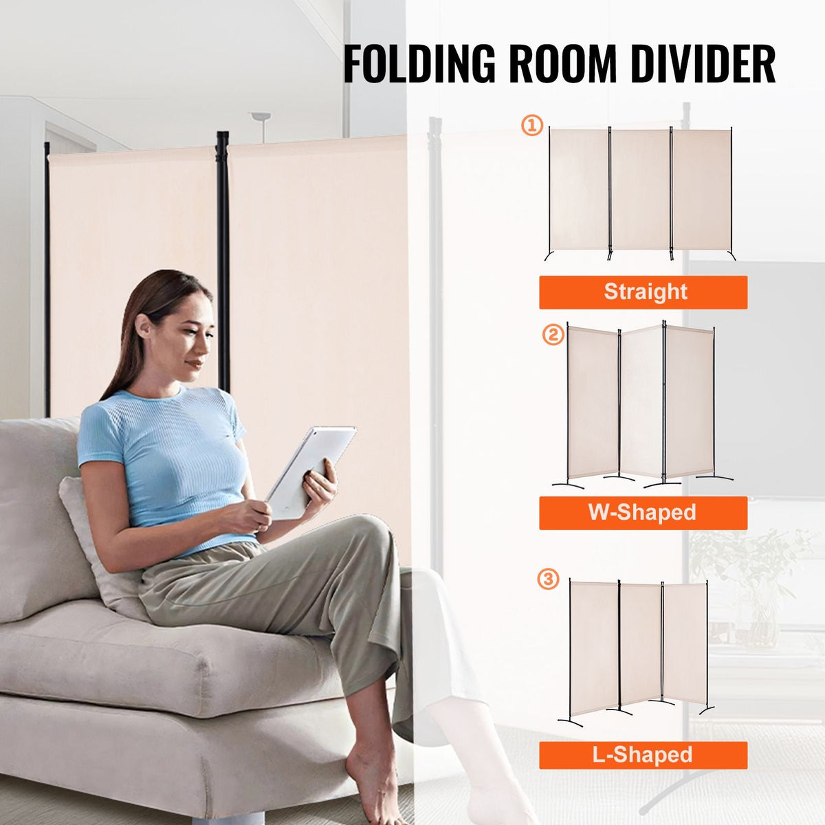 Room Divider, 3 Panel Room Divider, Folding Privacy Screen and Portable Partition Divider for Room Separation, Freestanding Room Partitions for Office, Bedroom, Study, Beige