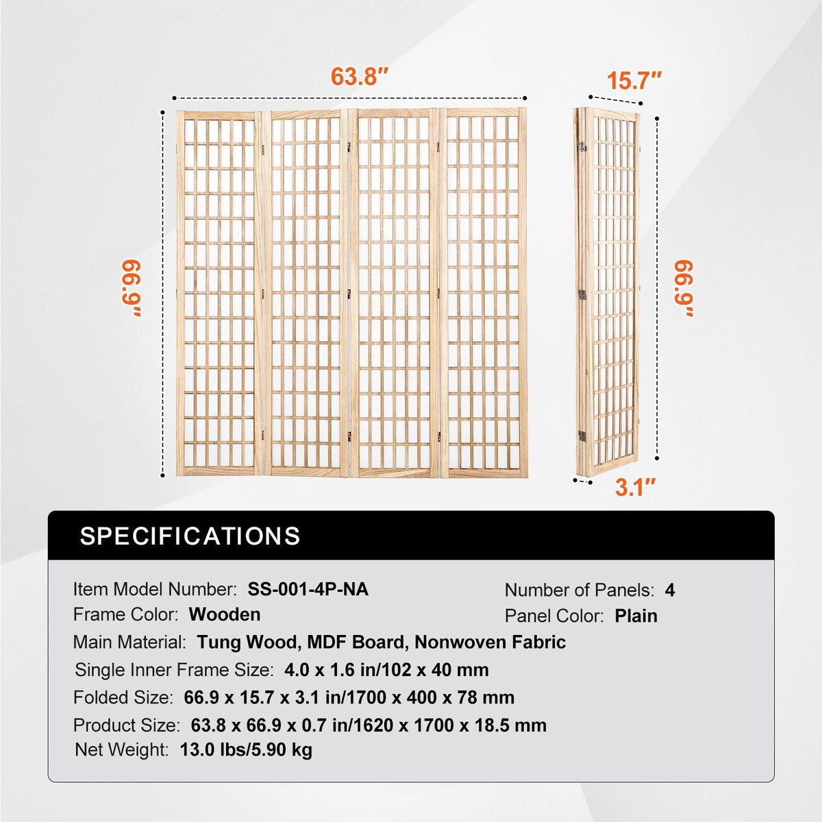 Room Divider, 4 Panel Japanese Room Divider, Folding Privacy Screen Indoor, Portable Partition Dividers and Decoration Screens, for Room Separation, Home, Office, Restaurant & Bedroom (Natural)