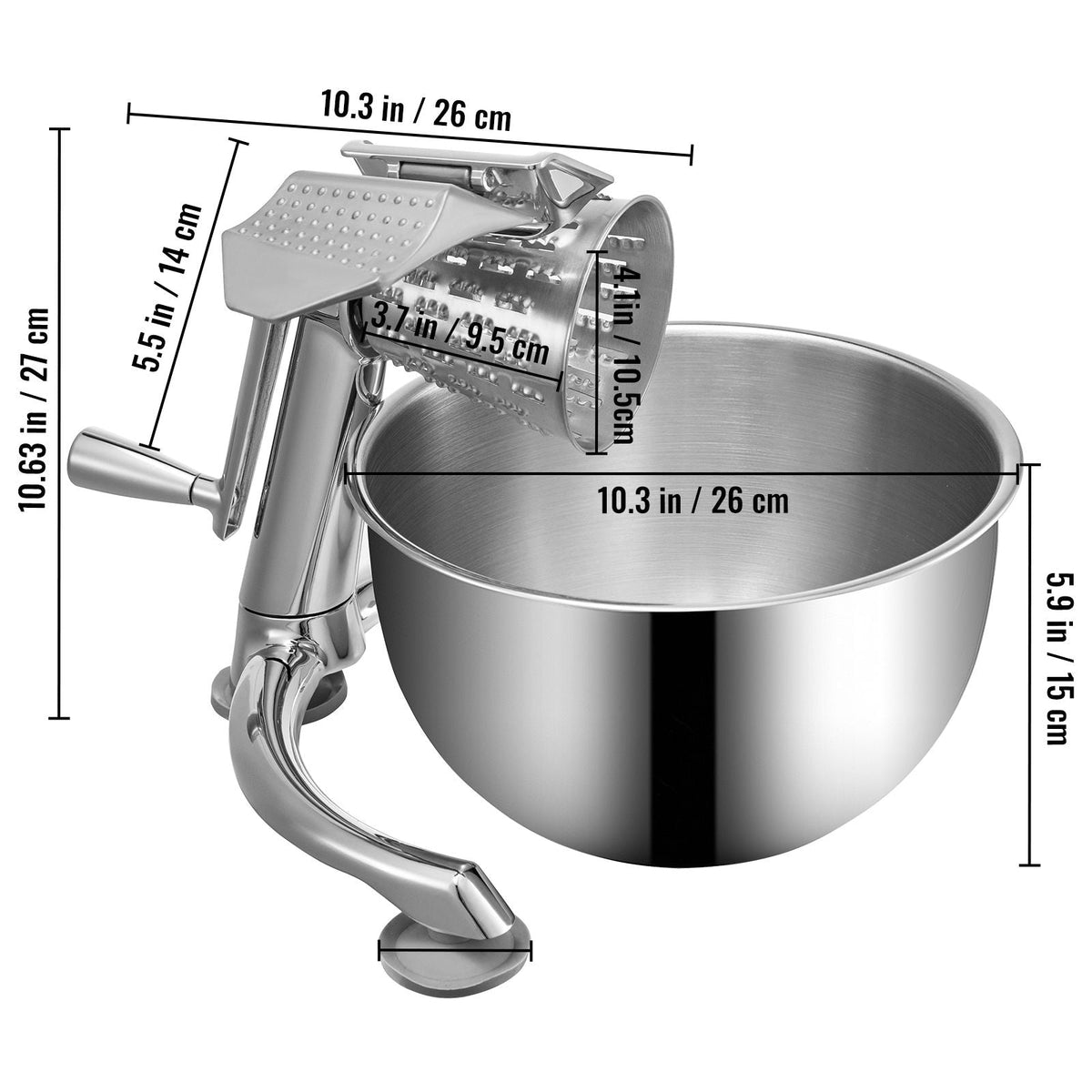 Rotary Cheese Grater, Zinc Alloy Rotary Vegetable Mandoline, Manual Cheese Mandoline with 5 Stainless Steel Cutting Cones, Manual Vegetable Grater with 2.5L Bowl, Rotary Shredder with Suction Ba