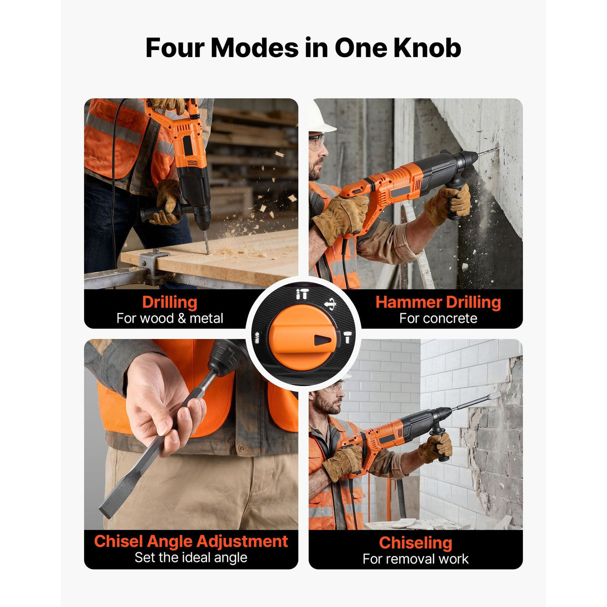 Rotary Hammer Drill, 1-1/8 in SDS-Plus Electric Corded Heavy Duty Rotary Hammer, 4 Functions, Including 3 Drill Bits, Flat Chisel, Pointed Chisel, and Carrying Case, for Concrete and Masonry