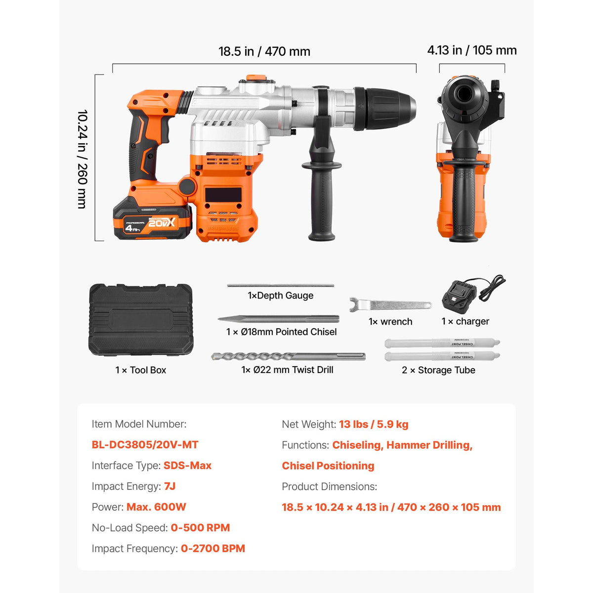 Rotary Hammer Drill, 1-9/16 in SDS-Max Cordless, Heavy Duty 20V Battery Powered Rotary Hammer, Including 2 Batteries, Charger, Drill Bit, Pointed Chisel, Carrying Case, for Concrete, Masonry