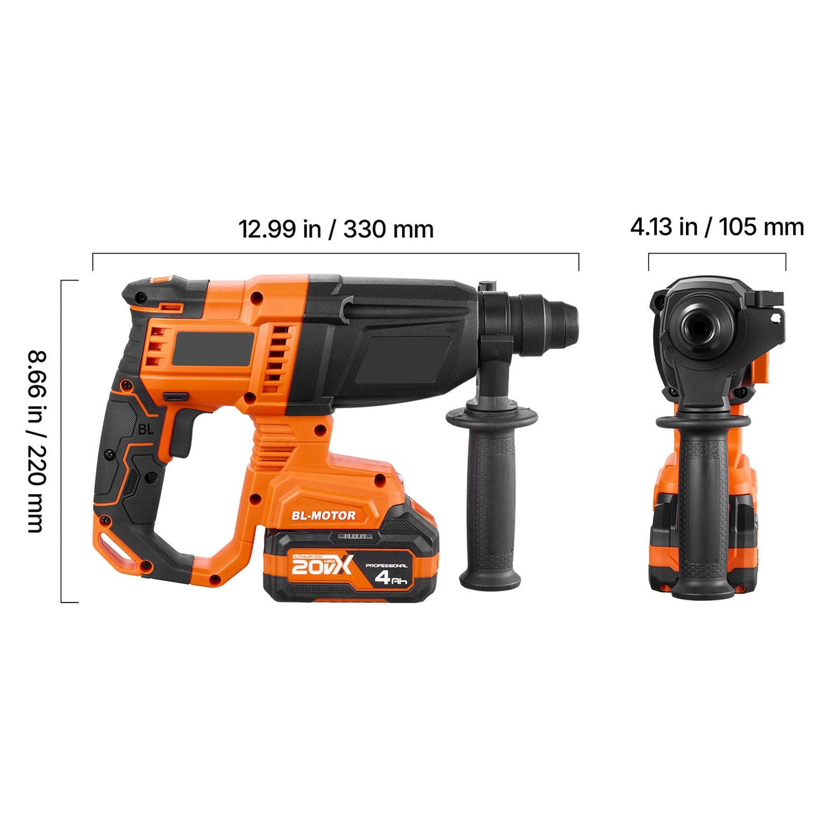 Rotary Hammer Drill, 7/8 in SDS-Plus Cordless, 20V Battery Powered Rotary Hammer, Brushless, Including Battery, Charger, 3 Drill Bits, Flat Chisel, Pointed Chisel, Carrying Case, for Concrete