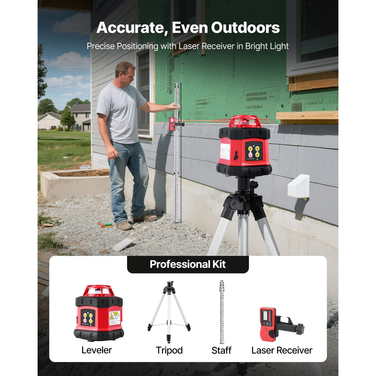Rotary Laser Level Kit, 984ft 360-Degree Self Leveling Red Horizontal Laser Transit,with Tripod,Receiver,Remote Control, Scale, Toolcase, IP54 Waterproof, 0.12in/100ft Precision for Construction