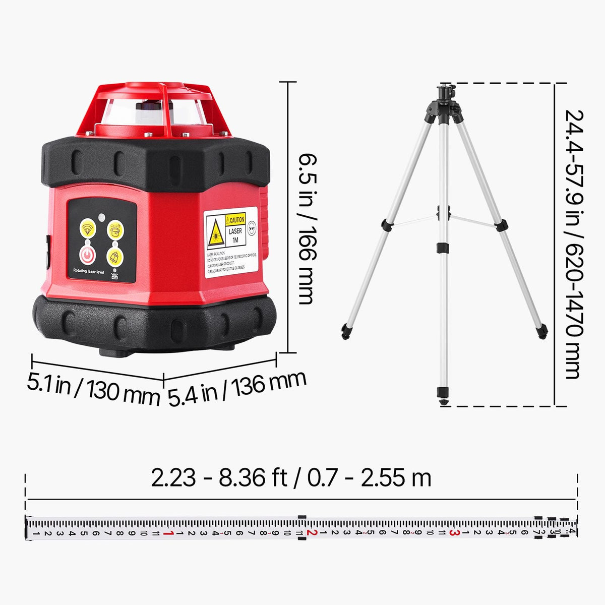 Rotary Laser Level Kit, 984ft 360-Degree Self Leveling Red Horizontal Laser Transit,with Tripod,Receiver,Remote Control, Scale, Toolcase, IP54 Waterproof, 0.12in/100ft Precision for Construction