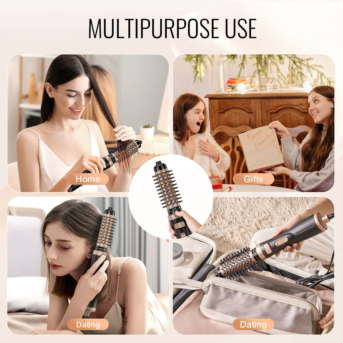 Rotating Hair Dryer Brush, Ionic Hot Air Styling Brush with 1.5" and 2" Ceramic Coated Head, 4 in 1 Hair Dryer Styler and Volumizer, 3-Temp Blow Dryer Brush for Fast Drying Straightening Curling