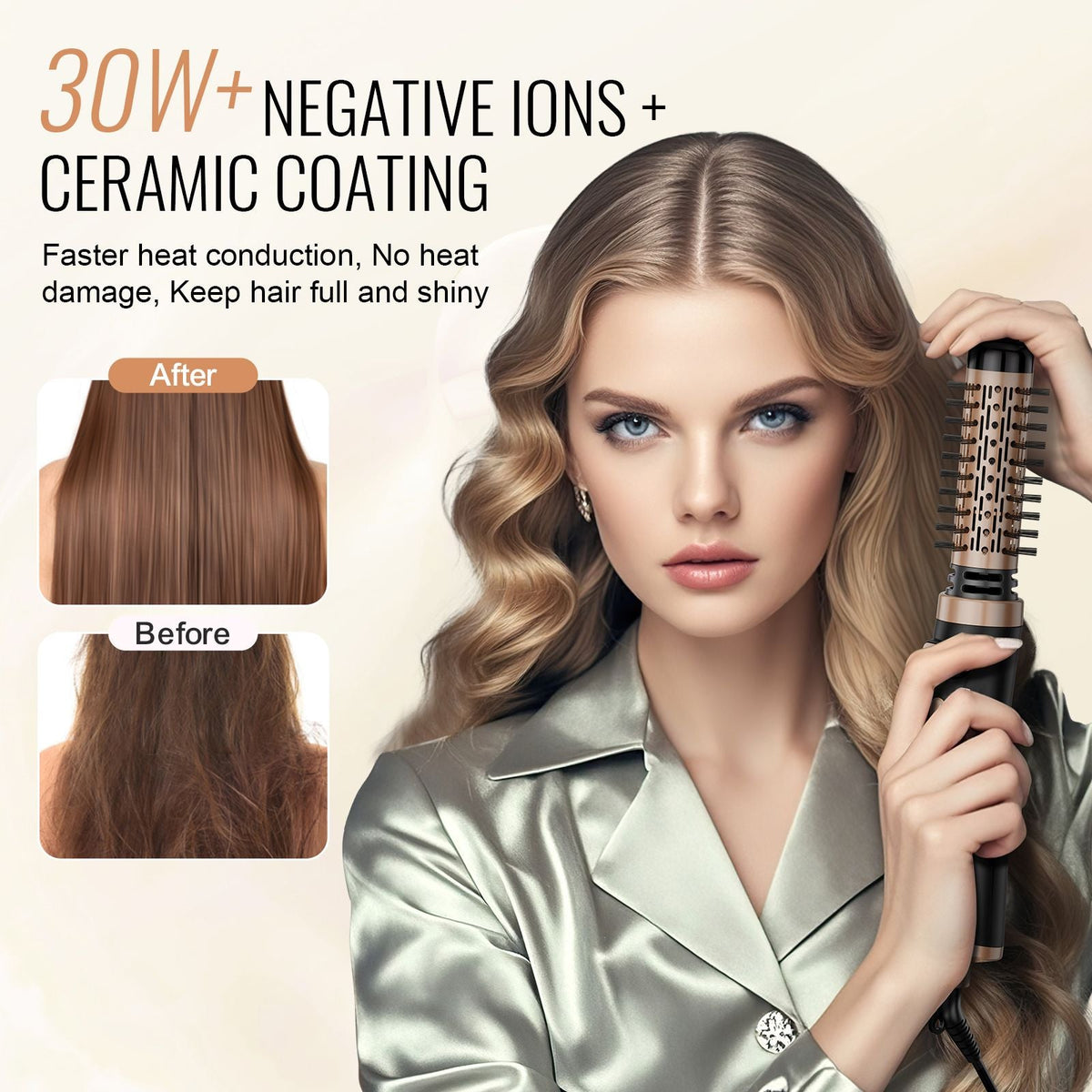 Rotating Hair Dryer Brush, Ionic Hot Air Styling Brush with 1.5" and 2" Ceramic Coated Head, 4 in 1 Hair Dryer Styler and Volumizer, 3-Temp Blow Dryer Brush for Fast Drying Straightening Curling