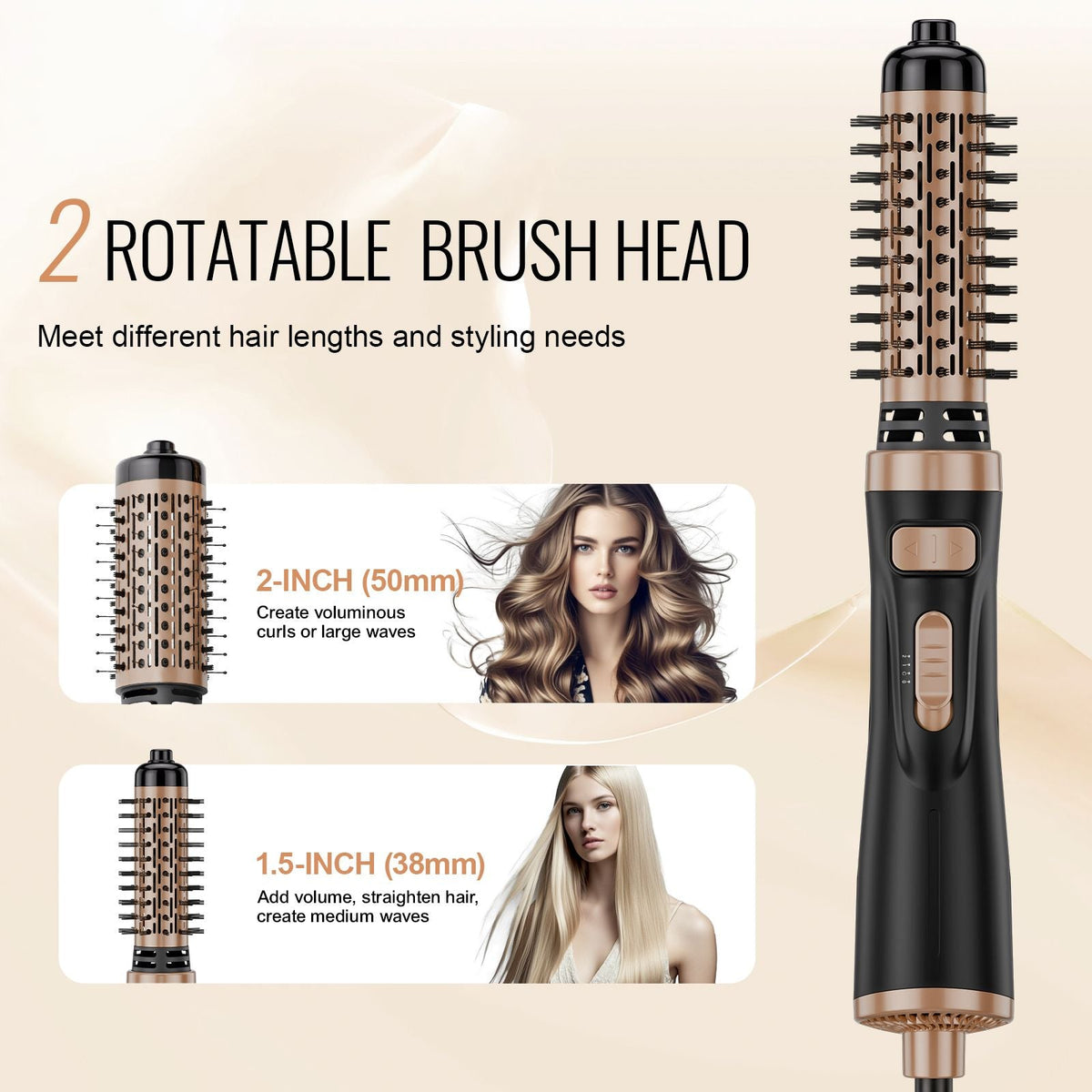 Rotating Hair Dryer Brush, Ionic Hot Air Styling Brush with 1.5" and 2" Ceramic Coated Head, 4 in 1 Hair Dryer Styler and Volumizer, 3-Temp Blow Dryer Brush for Fast Drying Straightening Curling