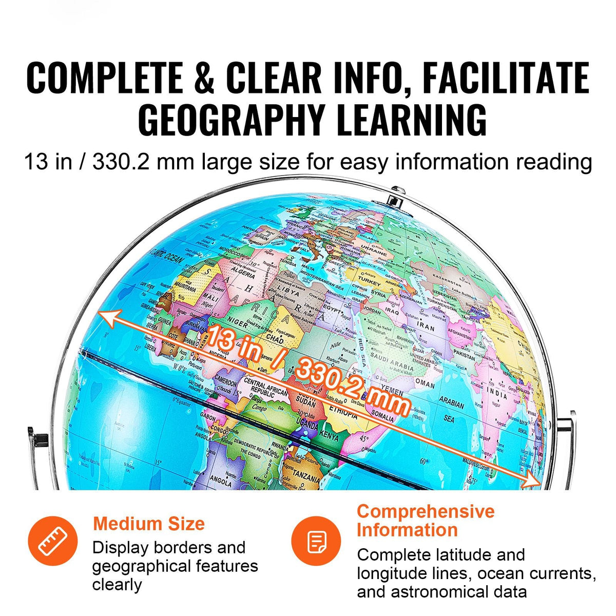 Rotating World Globe with Stand, 13 in/330.2 mm, Educational Geographic Globe with Precise Time Zone ABS Material, 720° Spinning Globe for Kids Children Learning Classroom Geography Education