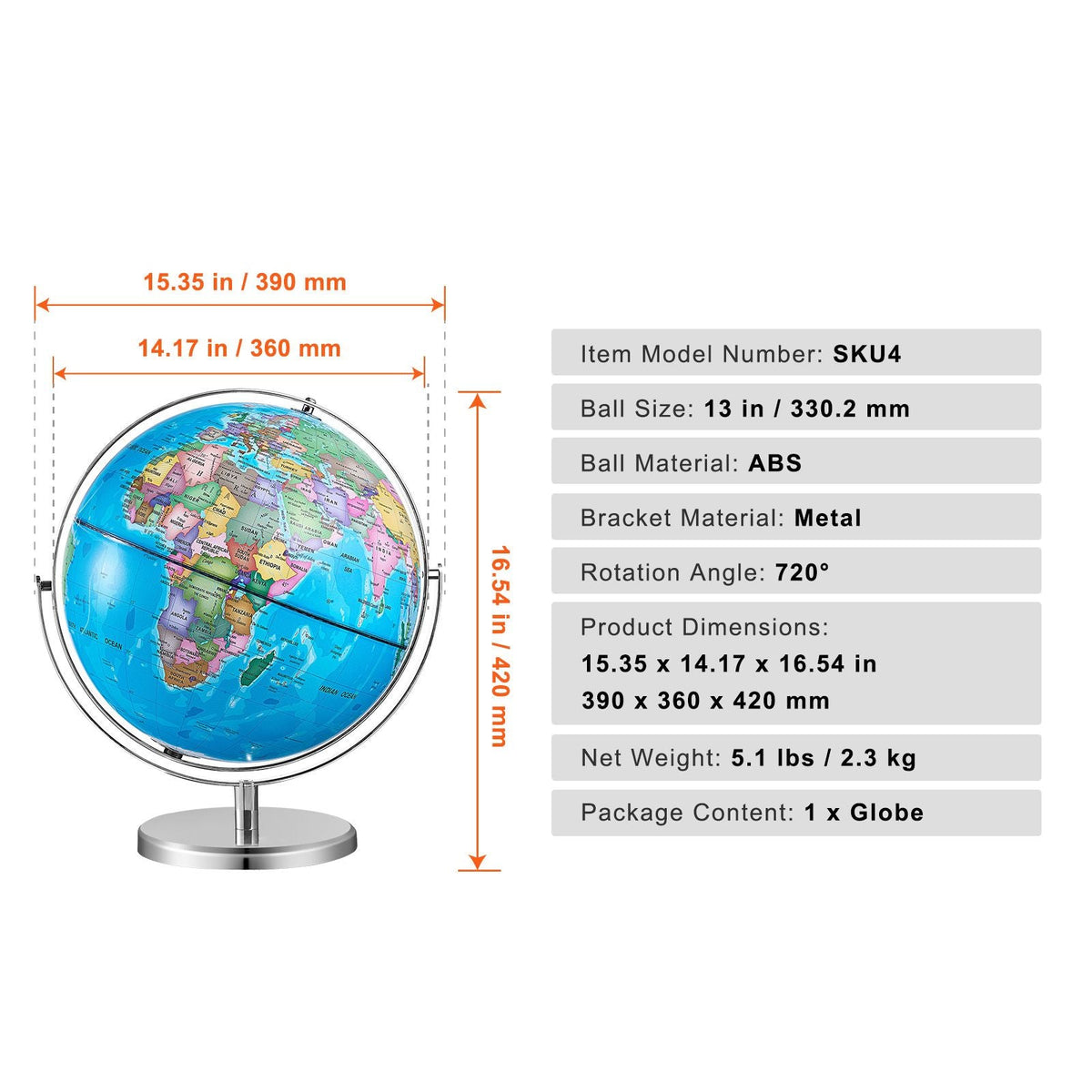 Rotating World Globe with Stand, 13 in/330.2 mm, Educational Geographic Globe with Precise Time Zone ABS Material, 720° Spinning Globe for Kids Children Learning Classroom Geography Education