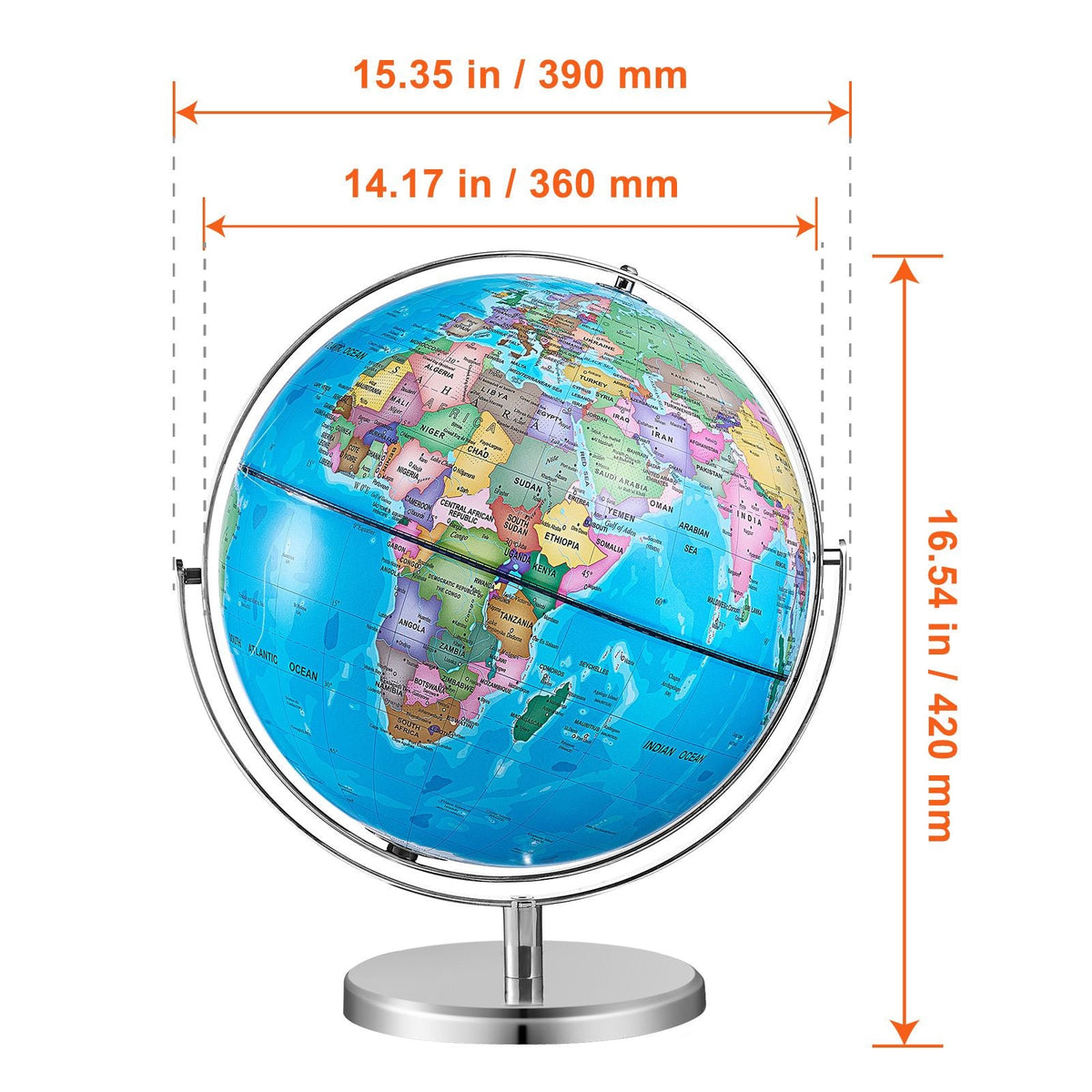 Rotating World Globe with Stand, 13 in/330.2 mm, Educational Geographic Globe with Precise Time Zone ABS Material, 720° Spinning Globe for Kids Children Learning Classroom Geography Education