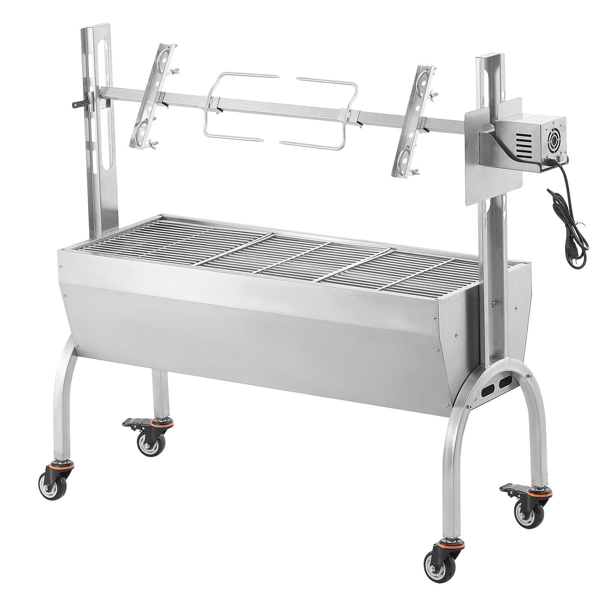 Rotisserie Grill, BBQ Whole Pig Lamb Goat Charcoal Spit Grill, 46 Inch 132 Lbs Capacity, Electric 52W Motor Stainless Steel Rotisserie Roaster with Lockable Wheels, for Camping Outdoor