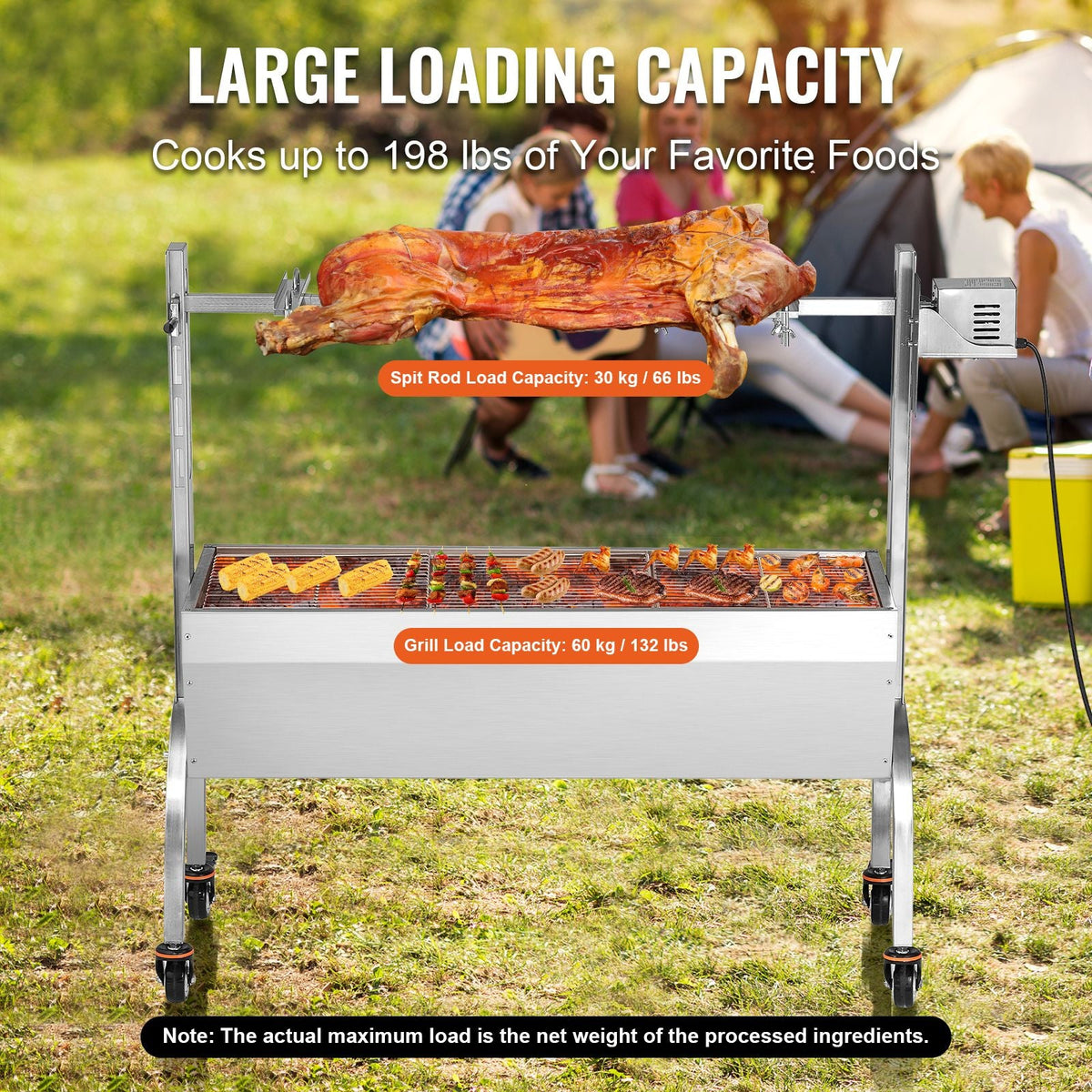 Rotisserie Grill, BBQ Whole Pig Lamb Goat Charcoal Spit Grill, 46 Inch 132 Lbs Capacity, Electric 52W Motor Stainless Steel Rotisserie Roaster with Lockable Wheels, for Camping Outdoor