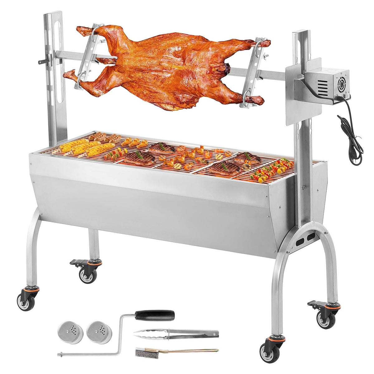 Rotisserie Grill, BBQ Whole Pig Lamb Goat Charcoal Spit Grill, 46 Inch 132 Lbs Capacity, Electric 52W Motor Stainless Steel Rotisserie Roaster with Lockable Wheels, for Camping Outdoor