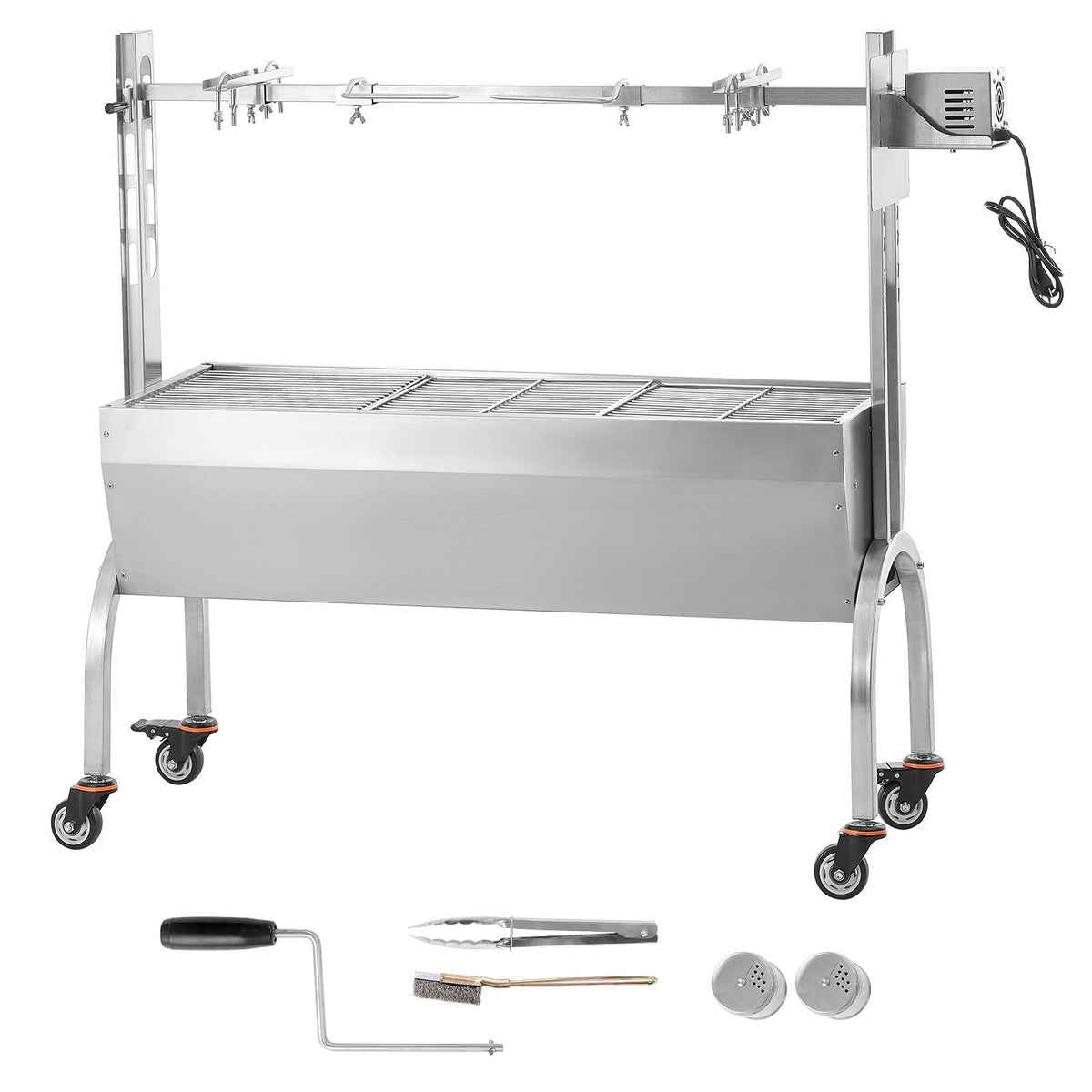 Rotisserie Grill, BBQ Whole Pig Lamb Goat Charcoal Spit Grill, 46 Inch 132 Lbs Capacity, Electric 52W Motor Stainless Steel Rotisserie Roaster with Lockable Wheels, for Camping Outdoor