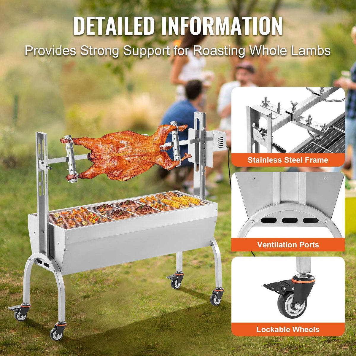 Rotisserie Grill, BBQ Whole Pig Lamb Goat Charcoal Spit Grill, 46 Inch 132 Lbs Capacity, Electric 52W Motor Stainless Steel Rotisserie Roaster with Lockable Wheels, for Camping Outdoor