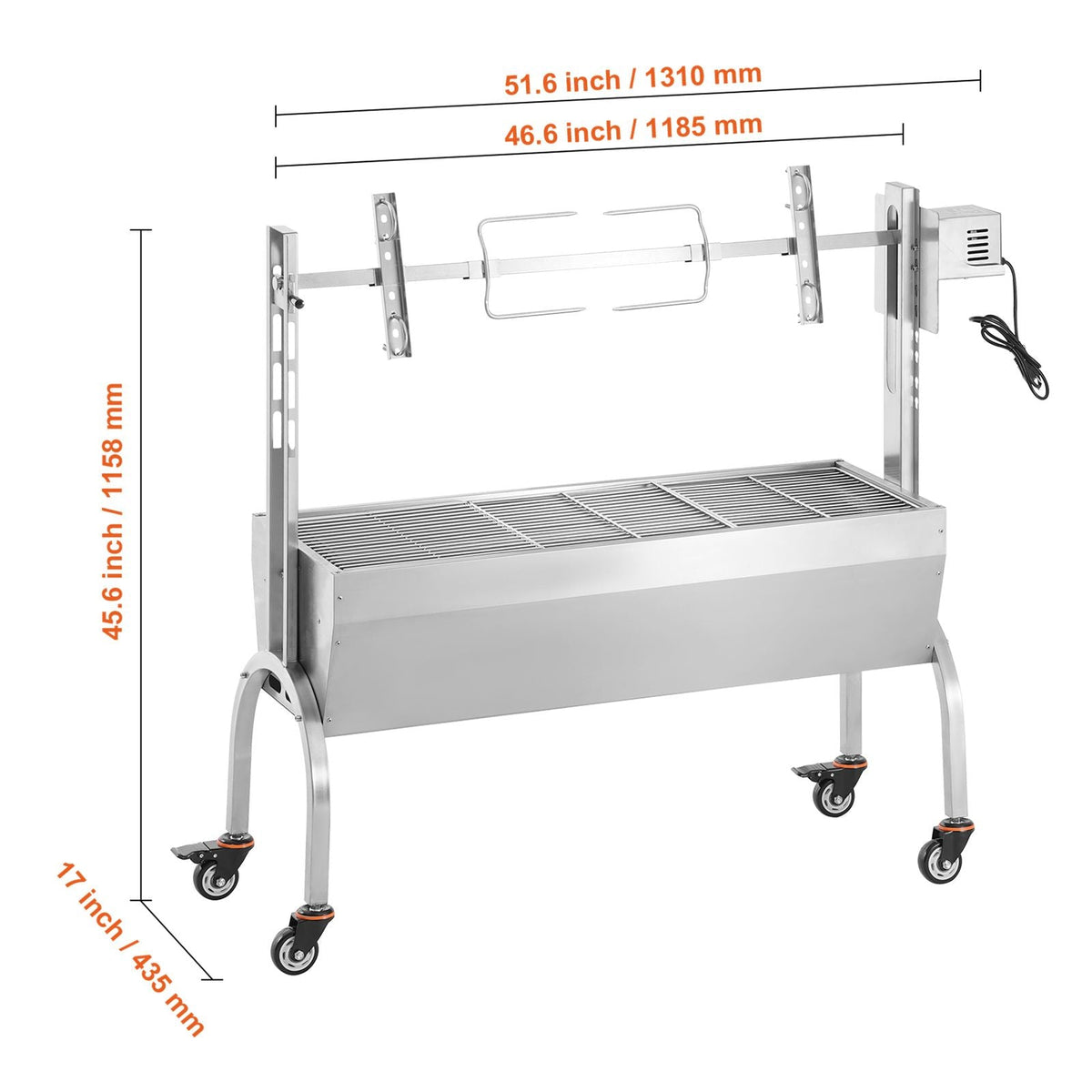 Rotisserie Grill, BBQ Whole Pig Lamb Goat Charcoal Spit Grill, 46 Inch 132 Lbs Capacity, Electric 52W Motor Stainless Steel Rotisserie Roaster with Lockable Wheels, for Camping Outdoor