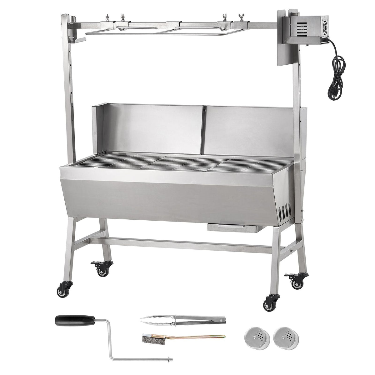 Rotisserie Grill with Windscreen, BBQ Whole Pig Lamb Goat Charcoal Spit Grill, 35 Inch 90 Lbs Capacity, Electric 42W Motor Stainless Steel Roaster with Lockable Wheels, for Camping Outdoor