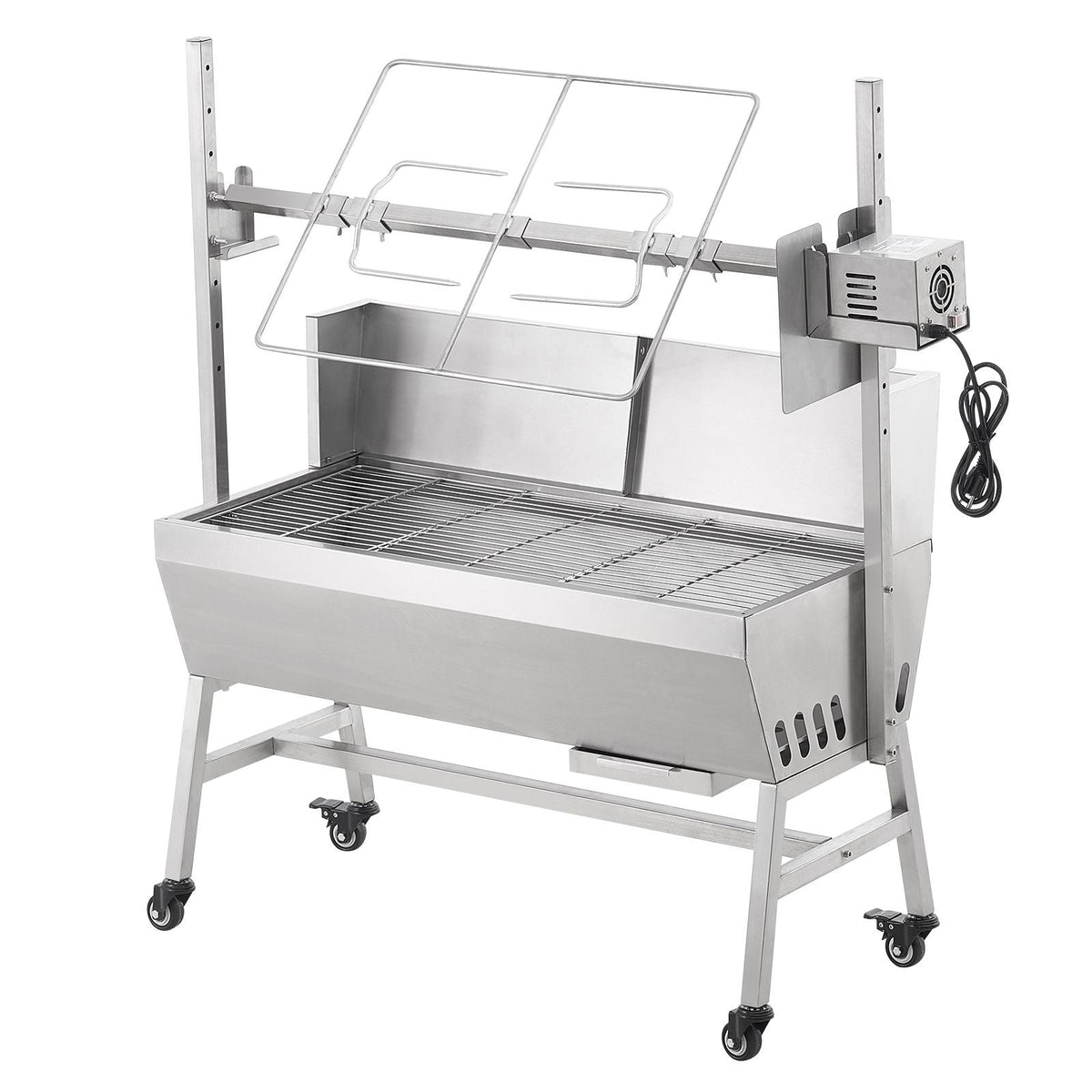 Rotisserie Grill with Windscreen, BBQ Whole Pig Lamb Goat Charcoal Spit Grill, 35 Inch 90 Lbs Capacity, Electric 42W Motor Stainless Steel Roaster with Lockable Wheels, for Camping Outdoor