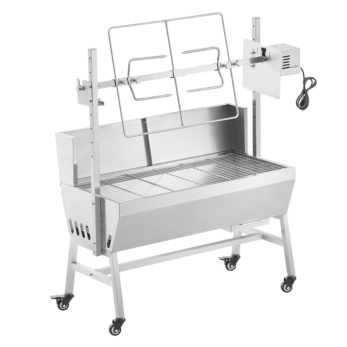Rotisserie Grill with Windscreen, BBQ Whole Pig Lamb Goat Charcoal Spit Grill, 35 Inch 90 Lbs Capacity, Electric 42W Motor Stainless Steel Roaster with Lockable Wheels, for Camping Outdoor