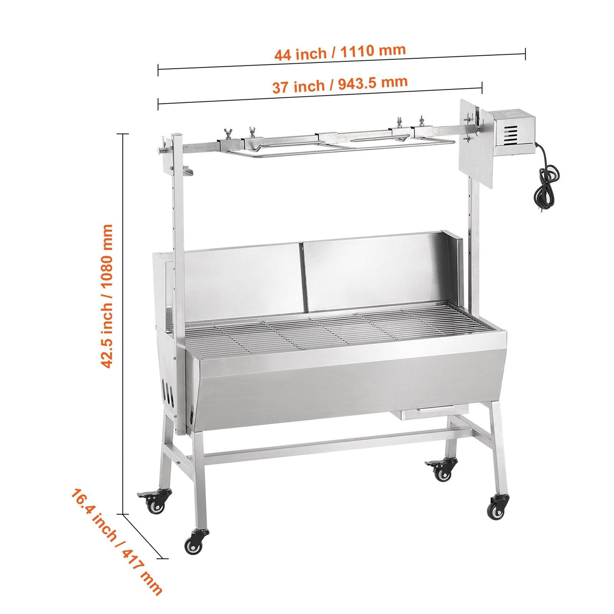 Rotisserie Grill with Windscreen, BBQ Whole Pig Lamb Goat Charcoal Spit Grill, 35 Inch 90 Lbs Capacity, Electric 42W Motor Stainless Steel Roaster with Lockable Wheels, for Camping Outdoor