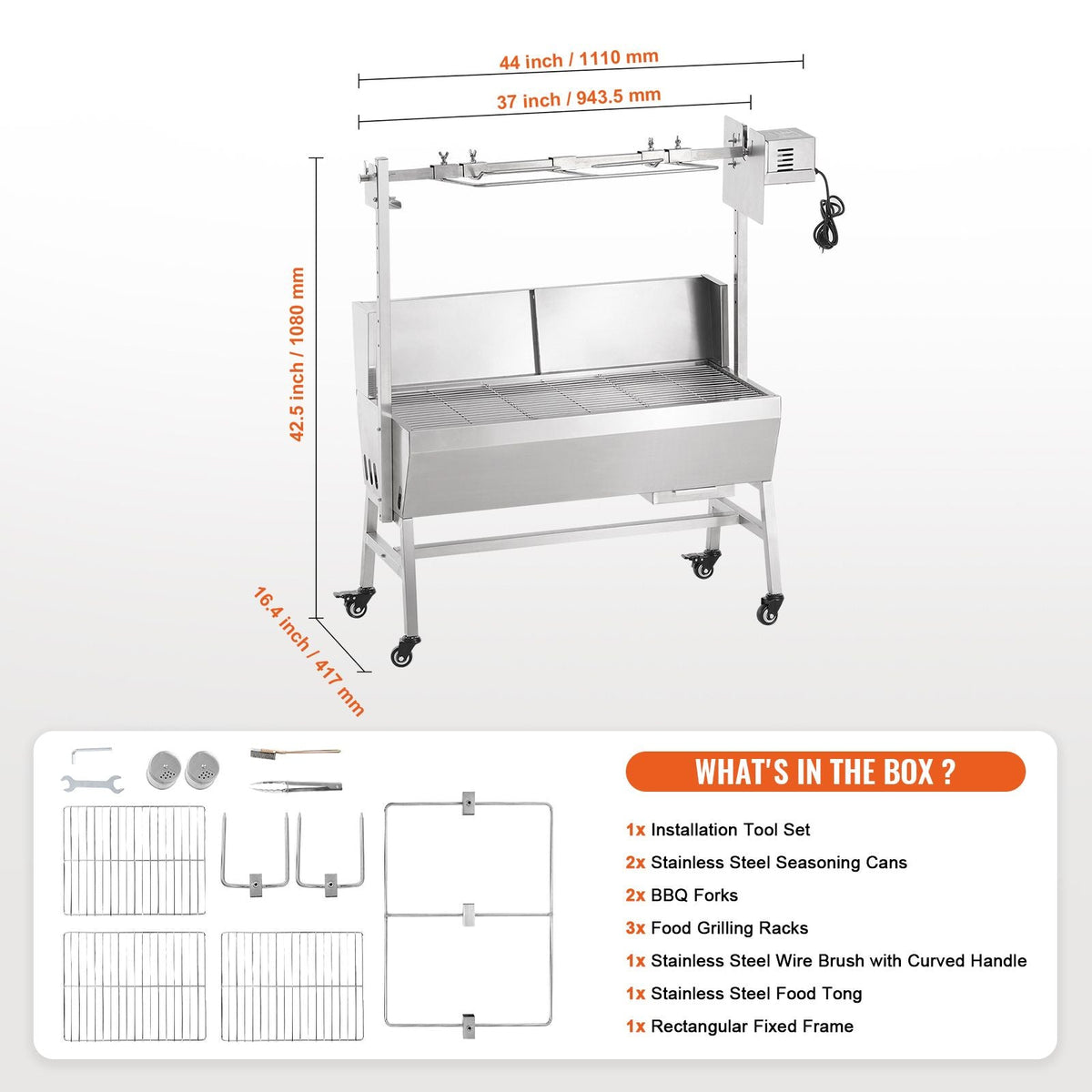 Rotisserie Grill with Windscreen, BBQ Whole Pig Lamb Goat Charcoal Spit Grill, 35 Inch 90 Lbs Capacity, Electric 42W Motor Stainless Steel Roaster with Lockable Wheels, for Camping Outdoor