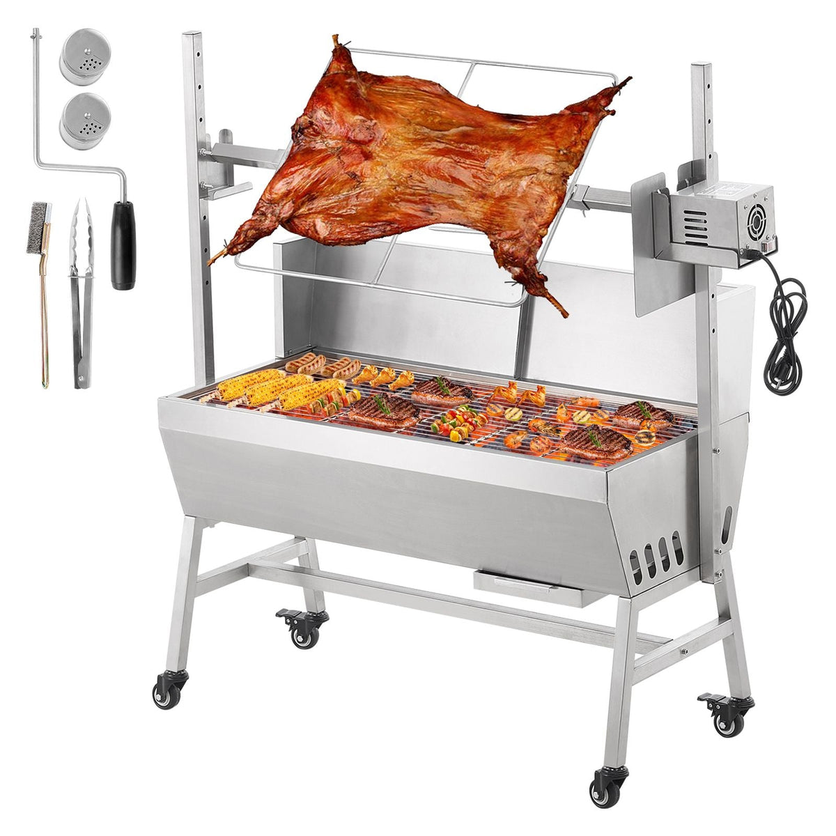 Rotisserie Grill with Windscreen, BBQ Whole Pig Lamb Goat Charcoal Spit Grill, 35 Inch 90 Lbs Capacity, Electric 42W Motor Stainless Steel Roaster with Lockable Wheels, for Camping Outdoor