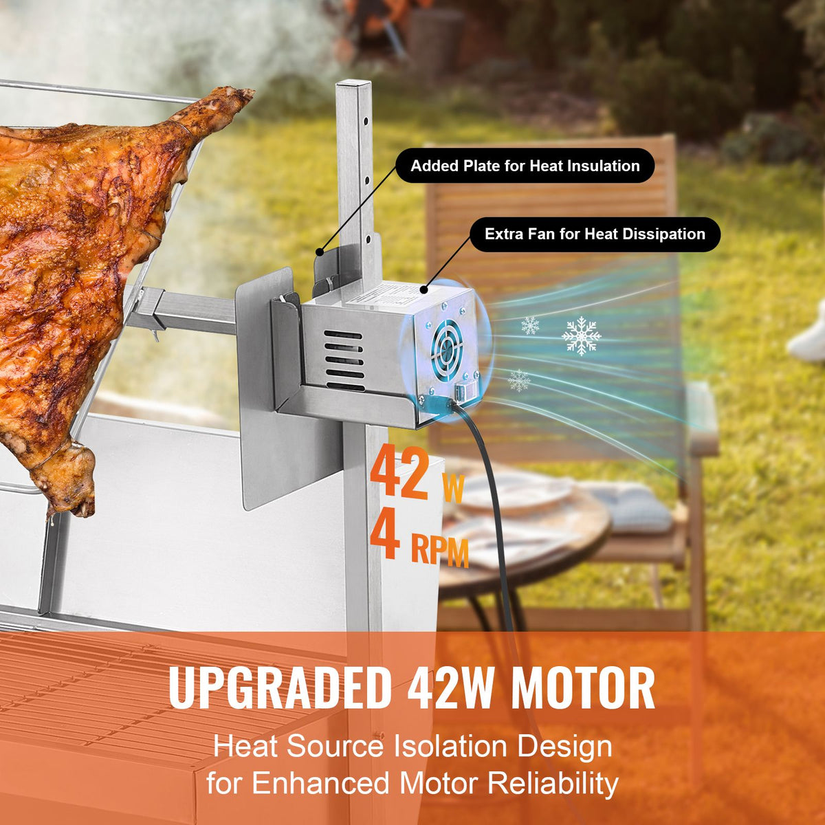 Rotisserie Grill with Windscreen, BBQ Whole Pig Lamb Goat Charcoal Spit Grill, 35 Inch 90 Lbs Capacity, Electric 42W Motor Stainless Steel Roaster with Lockable Wheels, for Camping Outdoor